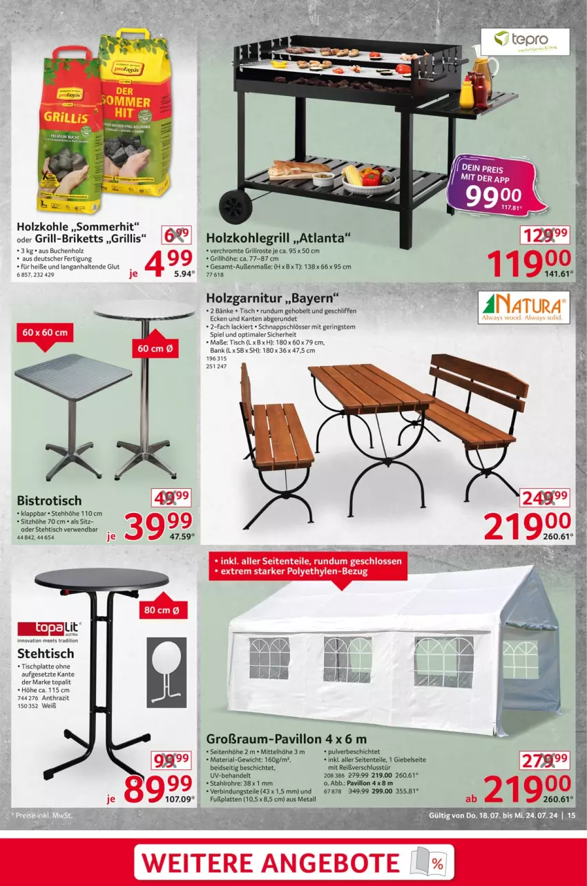 Aktueller Prospekt Selgros - Non Food - von 18.07 bis 24.07.2024 - strona 15 - produkty: angebot, angebote, Bank, Bistrotisch, briketts, buch, ente, garnitur, grill, grillrost, Holz, holzkohle, holzkohlegrill, HP, Kohlegrill, lack, latte, pavillon, Ria, ring, rwe, Sitzhöhe, Ti, Tiere, tisch, tischplatte, ZTE