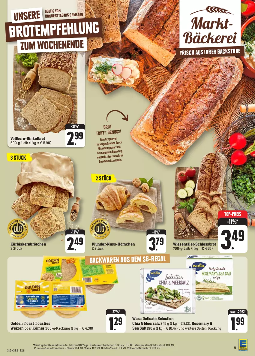 Aktueller Prospekt Edeka - Angebote der Woche - von 09.10 bis 14.10.2023 - strona 13 - produkty: asti, brot, brötchen, chia, Dinkelbrot, eis, golden toast, hörnchen, korn, Kürbis, Kürbiskernbrötchen, meersalz, nuss, Plunder, reis, salz, Ti, toast, top-preis, wasa, ZTE