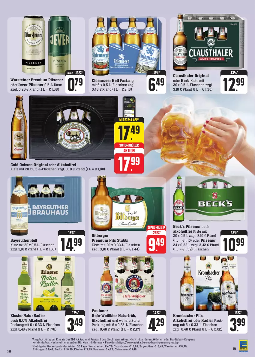 Aktueller Prospekt Edeka - Angebote der Woche - von 09.10 bis 14.10.2023 - strona 23 - produkty: alkohol, angebot, aust, beck's, bier, bitburger, burger, clausthaler, coupon, coupons, deka, eis, flasche, gin, Hefe, jever, jever pilsener, krombache, krombacher, krombacher pils, natur, natur radler, nuss, oder radler, Paula, paulaner, pils, pilsener, premium pils, rabatt-coupon, radler, reis, steiner, super-knüller, Ti, warsteiner, ZTE