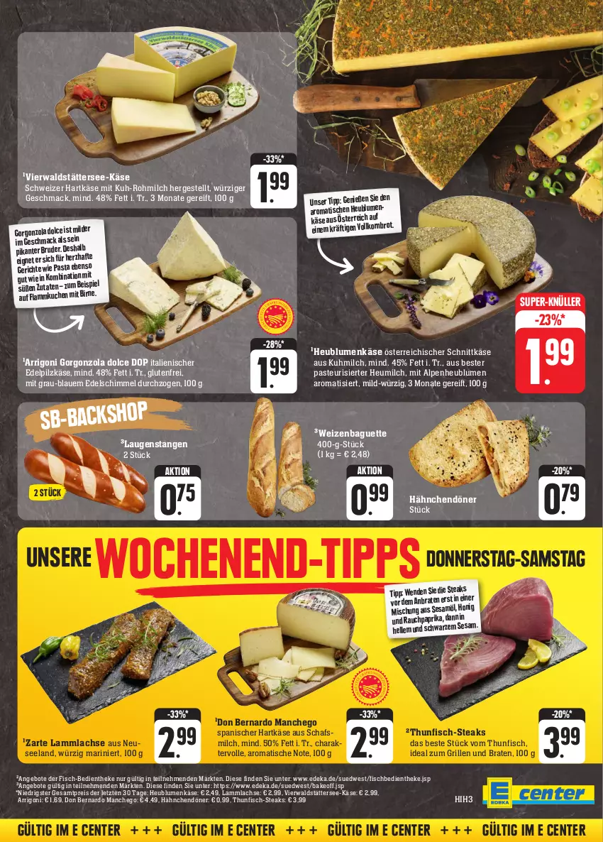 Aktueller Prospekt Edeka - Angebote der Woche - von 09.10 bis 14.10.2023 - strona 31 - produkty: angebot, angebote, baguette, blume, blumen, braten, deka, eis, Elan, elle, ente, fisch, gorgonzola, grill, hartkäse, Heu, heumilch, honig, HP, ideal zum grillen, Käse, korn, lachs, lamm, lammlachse, Laugenstange, mac, Manchego, milch, österreichischer schnittkäse, paprika, pasta, Rauch, reis, schnittkäse, schweizer hartkäse, sesam, Sesamöl, steak, steaks, super-knüller, thunfisch, Ti, tisch, ZTE