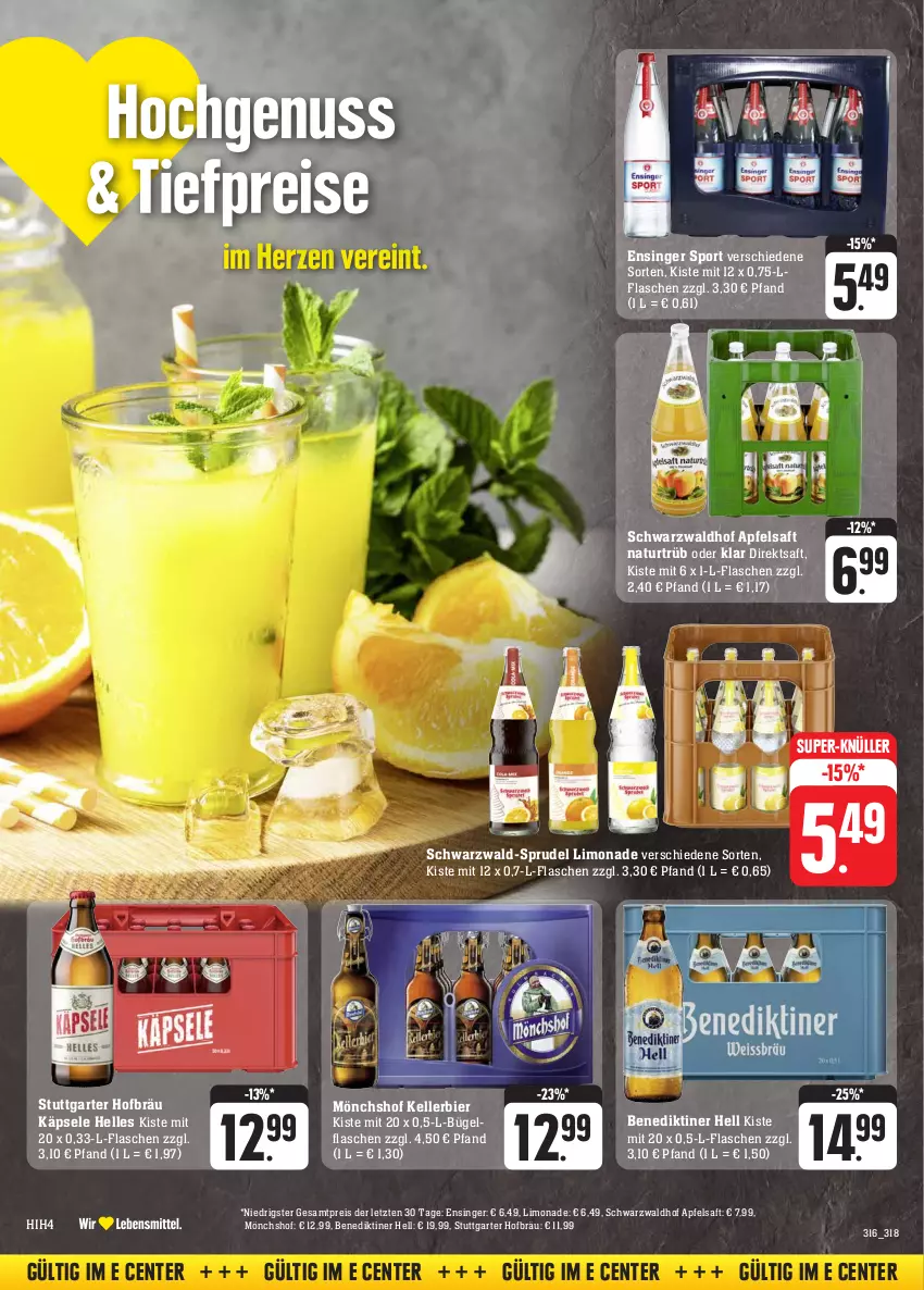 Aktueller Prospekt Edeka - Angebote der Woche - von 09.10 bis 14.10.2023 - strona 32 - produkty: apfel, apfelsaft, Benediktiner, bier, bügel, bügelflasche, direktsaft, eis, elle, ente, flasche, kellerbier, limo, limonade, mönchshof, natur, reis, saft, Sport, Sprudel, super-knüller, Ti, ZTE