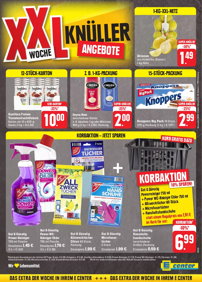 Aktueller Prospekt Edeka - Angebote der Woche - von 09.10 bis 14.10.2023 - strona 36 - produkty: Allzwecktücher, angebot, angebote, citrus, coupon, coupons, deka, eis, ente, flasche, fleisch, frucht, fruchtfleisch, handschuhe, knoppers, korb, milch, milchreis, oryza, rabatt-coupon, regal, reiniger, reis, schuhe, südwest, super-knüller, Ti, tomate, tomaten, tücher, wc-reiniger, weck, zitrone, zitronen, ZTE