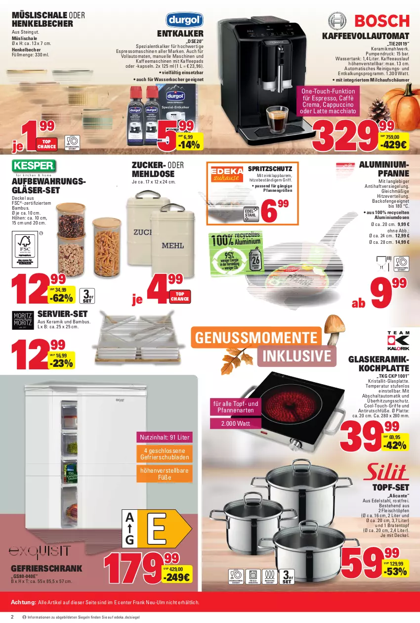 Aktueller Prospekt Edeka - Angebote der Woche - von 09.10 bis 14.10.2023 - strona 38 - produkty: ACC, auto, backofen, bambus, Becher, braten, Bratentopf, caffè crema, Cap, cappuccino, chia, cin, decke, Deckel, deka, edelstahl, eis, elle, ente, entkalker, espresso, fleisch, gefrierschrank, Gläser, glaskeramik, glasplatte, henkel, Henkelbecher, HP, kaffee, kaffeemaschine, kaffeepads, kaffeevollautomat, Kocher, latte, latte macchiato, mac, macchiato, mehl, milch, milchaufschäumer, müsli, Müslischale, nuss, Ofen, pfanne, pfannen, Reinigung, Schal, Schale, Schrank, schubladen, Spezi, Spritzschutz, Ti, tisch, tomate, tomaten, topf, topf-set, überhitzungsschutz, und pfanne, vollautomaten, wasser, wasserkocher, wassertank, zucker