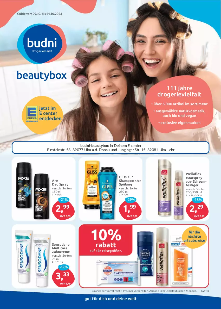 Aktueller Prospekt Edeka - Angebote der Woche - von 09.10 bis 14.10.2023 - strona 41 - produkty: axe, bio, creme, decke, deo, deo spray, eis, ente, gin, ginger, gliss, gliss kur, haarspray, kosmetik, natur, naturkosmetik, oder schaumfestiger, reis, schaumfestiger, sensodyne, shampoo, shampoo oder spülung, spülung, Ti, Wella, wellaflex, zahncreme