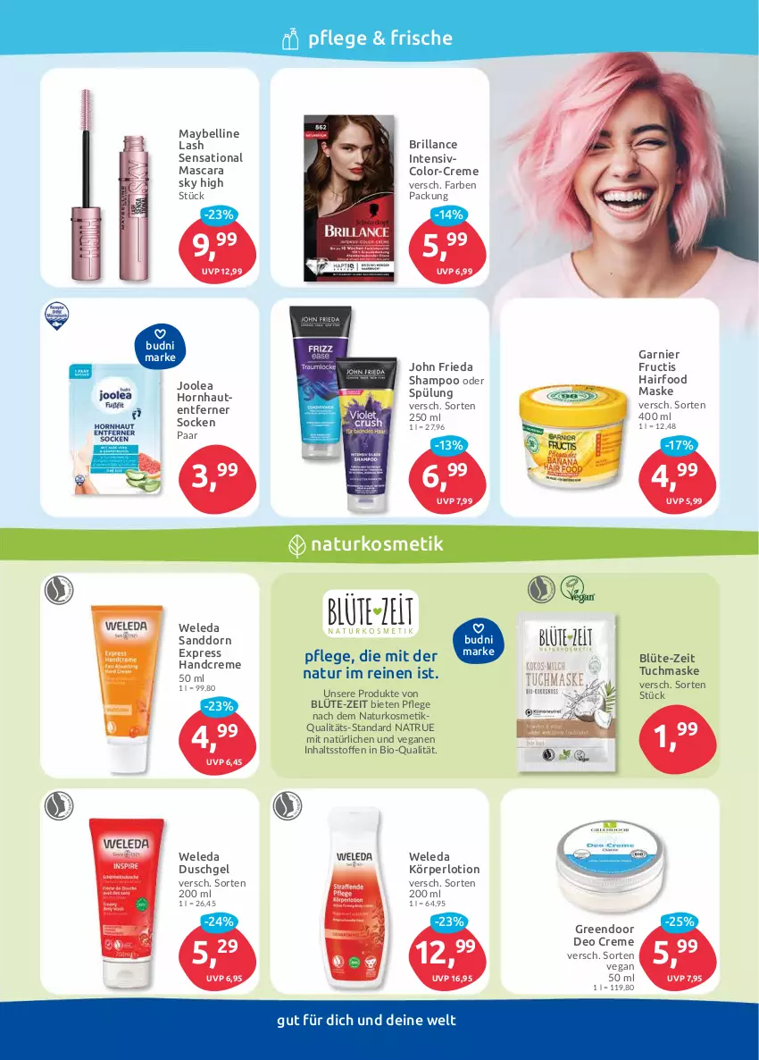 Aktueller Prospekt Edeka - Angebote der Woche - von 09.10 bis 14.10.2023 - strona 43 - produkty: bio, Blüte, brillance, creme, deo, duschgel, fructis, garnier, handcreme, Körperlotion, kosmetik, Lotion, Mascara, Maske, Maybelline, natur, naturkosmetik, sanddorn, shampoo, shampoo oder spülung, socken, spülung, Ti, tuc, tuchmaske, weleda