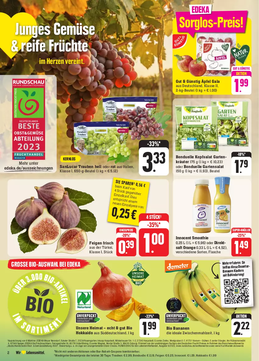 Aktueller Prospekt Edeka - Angebote der Woche - von 09.10 bis 14.10.2023 - strona 6 - produkty: Abtei, Astra, banane, bananen, beutel, bio, bonduelle, coupon, coupons, deka, direktsaft, eis, elle, ente, Feigen, flasche, frucht, früchte, Garten, Innocent, Kinder, kopfsalat, kräuter, lebensmittel, obst, orange, rabatt-coupon, reis, ring, rosen, saft, salat, smoothie, speyer, Stiegl, super-knüller, Ti, trauben, wagner, Wild, ZTE