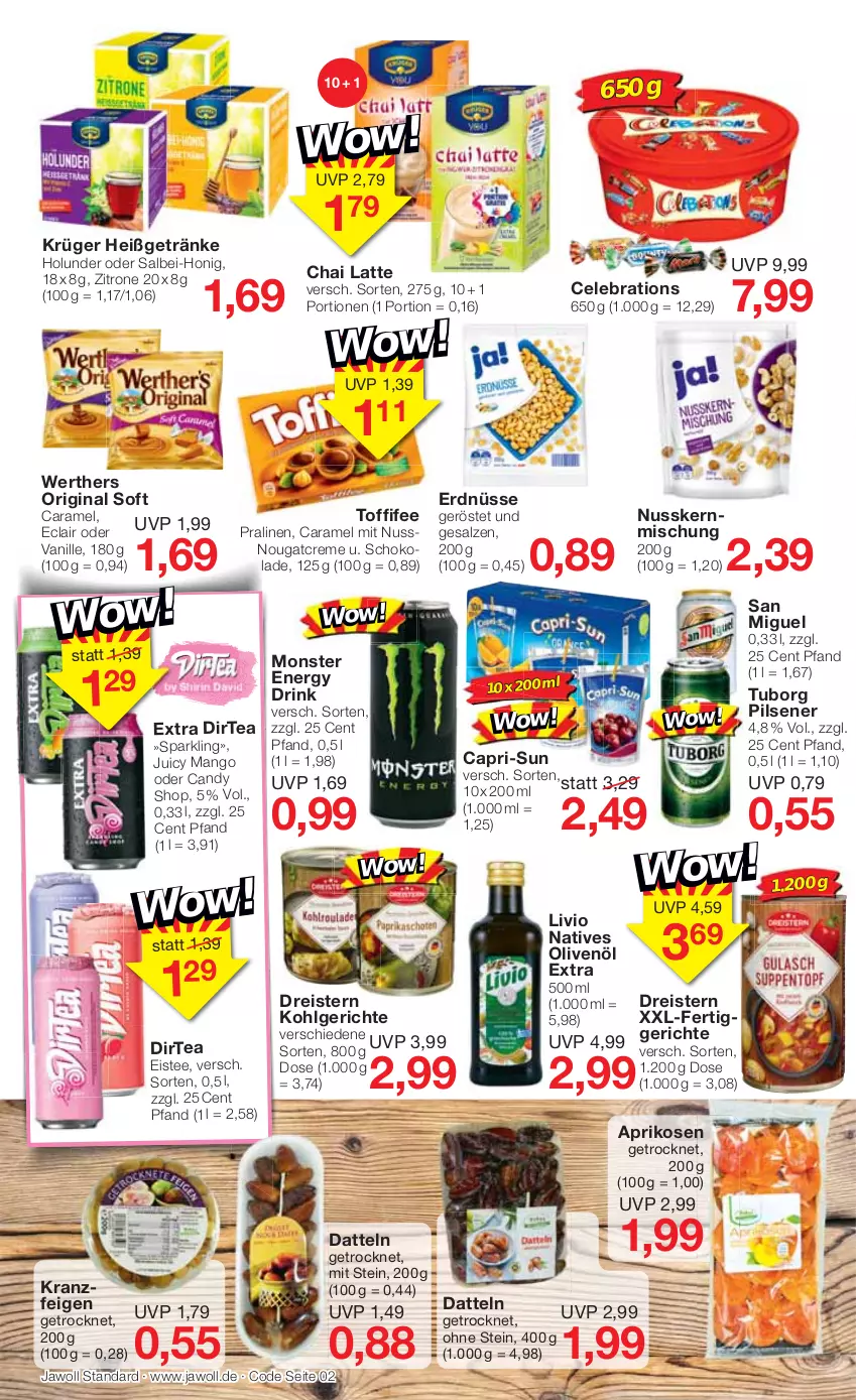 Aktueller Prospekt Jawoll - Prospekte - von 16.01 bis 22.01.2022 - strona 2 - produkty: aprikose, aprikosen, Cap, capri-sun, caramel, creme, Datteln, dreistern, drink, eis, eistee, energy drink, erdnüsse, Feigen, fertiggericht, fertiggerichte, getränk, getränke, gin, holunder, honig, Kranz, krüger, latte, LG, mango, monster, Monster Energy, natives olivenöl, Nougatcreme, nuss, olive, oliven, olivenöl, olivenöl extra, pils, pilsener, pralinen, reis, salz, schoko, schokolade, tee, Ti, toffifee, vanille, zitrone