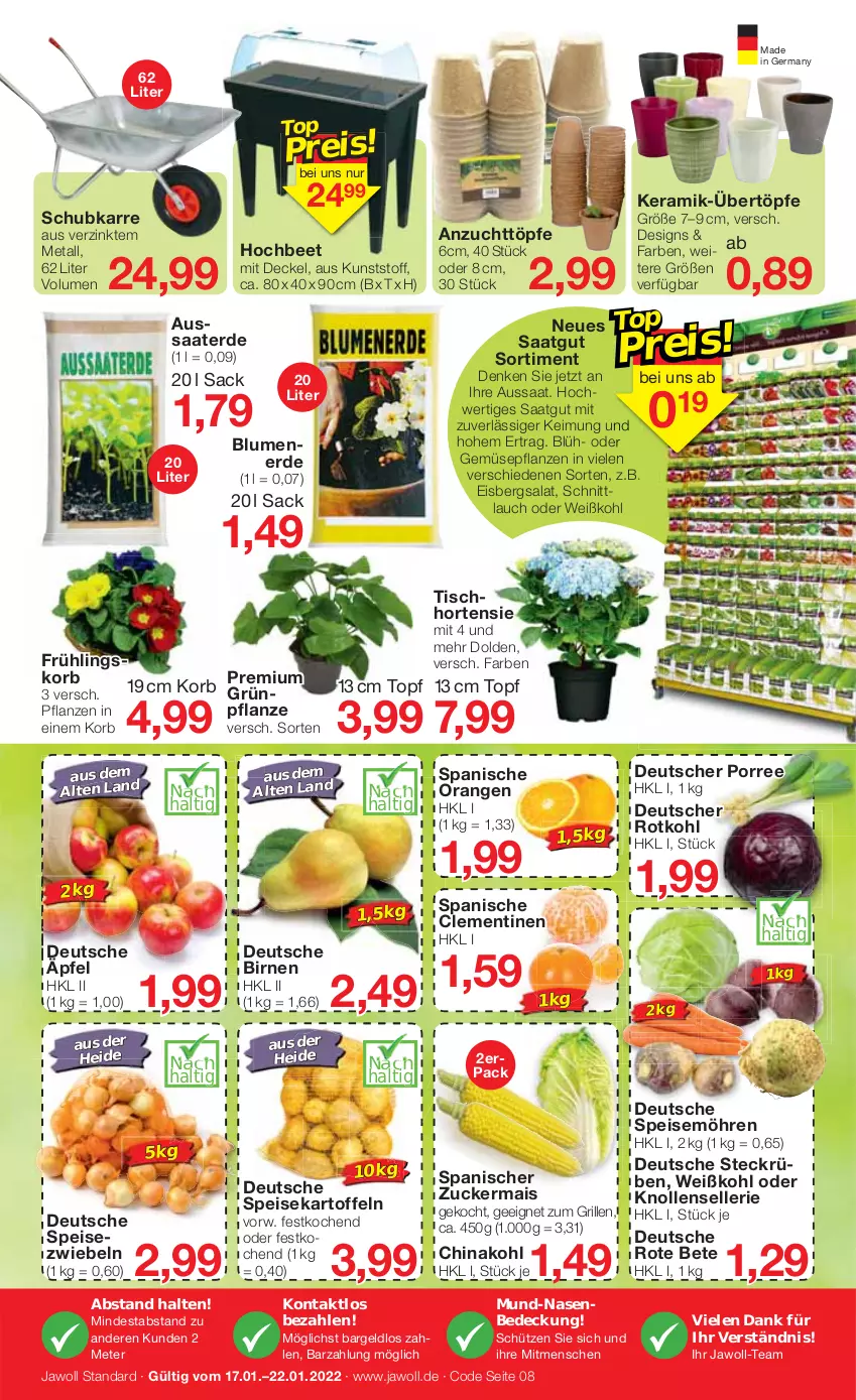 Aktueller Prospekt Jawoll - Prospekte - von 16.01 bis 22.01.2022 - strona 8 - produkty: Birnen, blume, blumen, blumenerde, clementinen, decke, Deckel, eis, eisbergsalat, elle, erde, Germ, grill, hortensie, kartoffel, kartoffeln, korb, mais, möhren, orange, orangen, pflanze, pflanzen, rote bete, rotkohl, sac, salat, schnittlauch, Schütze, speisekartoffeln, speisemöhren, Speisezwiebeln, Ti, tisch, topf, Weißkohl, zucker, zuckermais, zwiebel, zwiebeln