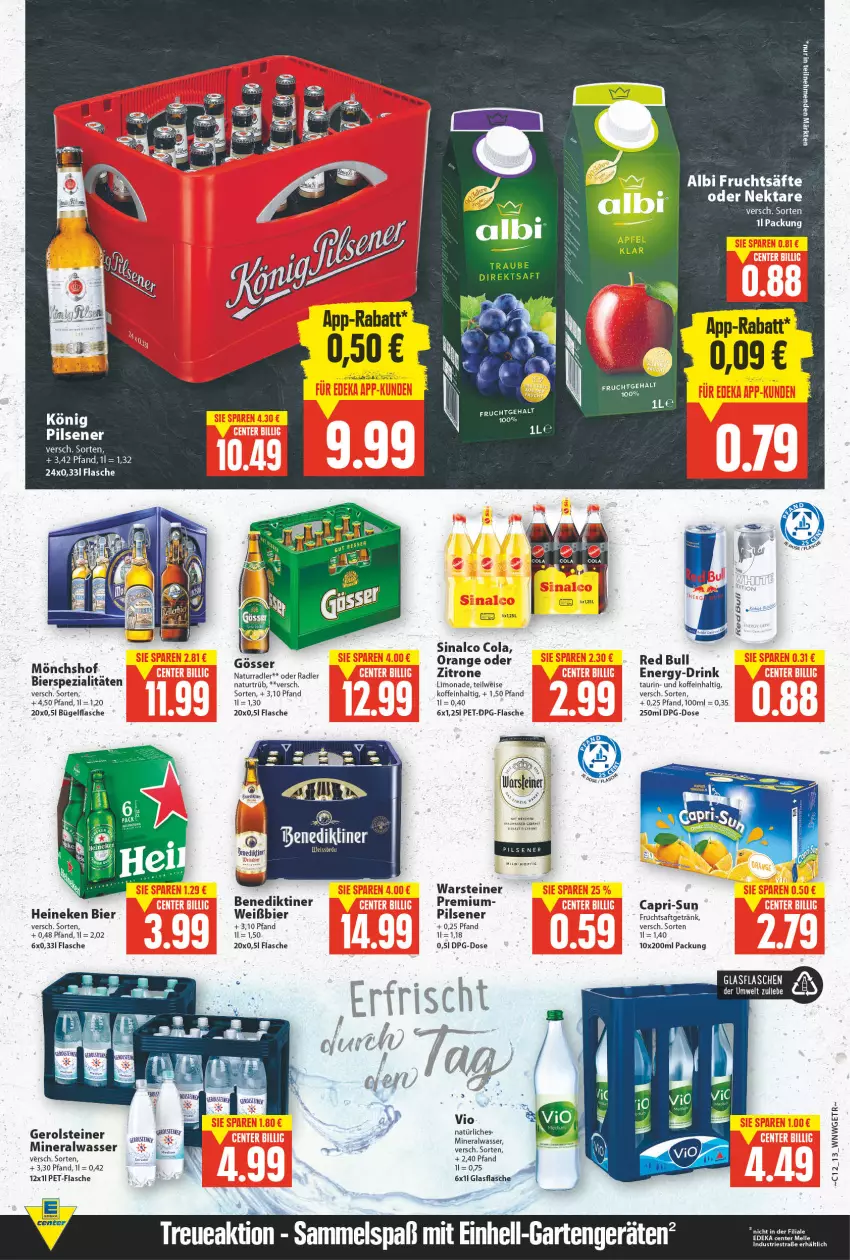 Aktueller Prospekt E Center - Angebote der Woche - von 21.03 bis 26.03.2022 - strona 12 - produkty: Alwa, Benediktiner, bier, bierspezialitäten, bügel, bügelflasche, Cap, capri-sun, cola, direktsaft, drink, einhell, eis, flasche, frucht, fruchtsaft, fruchtsaftgetränk, Garten, gerolsteine, gerolsteiner, getränk, glasflasche, gösser, heineken, limo, limonade, mineralwasser, mönchshof, natur, natürliches mineralwasser, Nektar, oder radler, orange, pet-flasche, pils, pilsener, radler, red bull, saft, sinalco, Spezi, steiner, Ti, warsteiner, wasser, zitrone