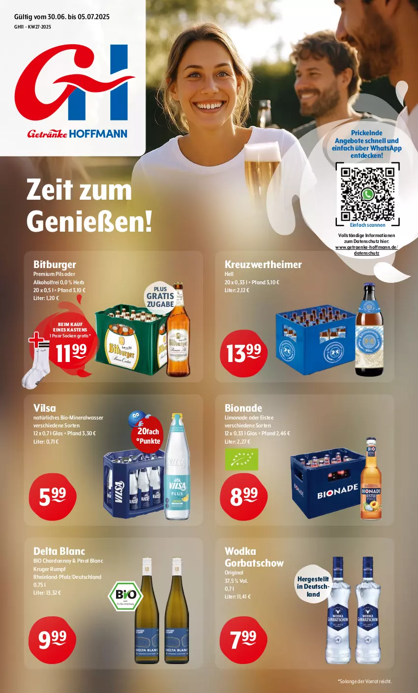 Aktueller Prospekt Getraenke Hoffmann - Prospekte - von 30.06 bis 05.07.2025 - strona 1 - produkty: alkohol, Alwa, angebot, angebote, bio, bionade, bitburger, burger, chardonnay, decke, eimer, eis, eistee, gin, Gorbatschow, limo, limonade, mineralwasser, pils, Pinot, premium pils, rum, socken, tee, Ti, vilsa, wasser, wodka