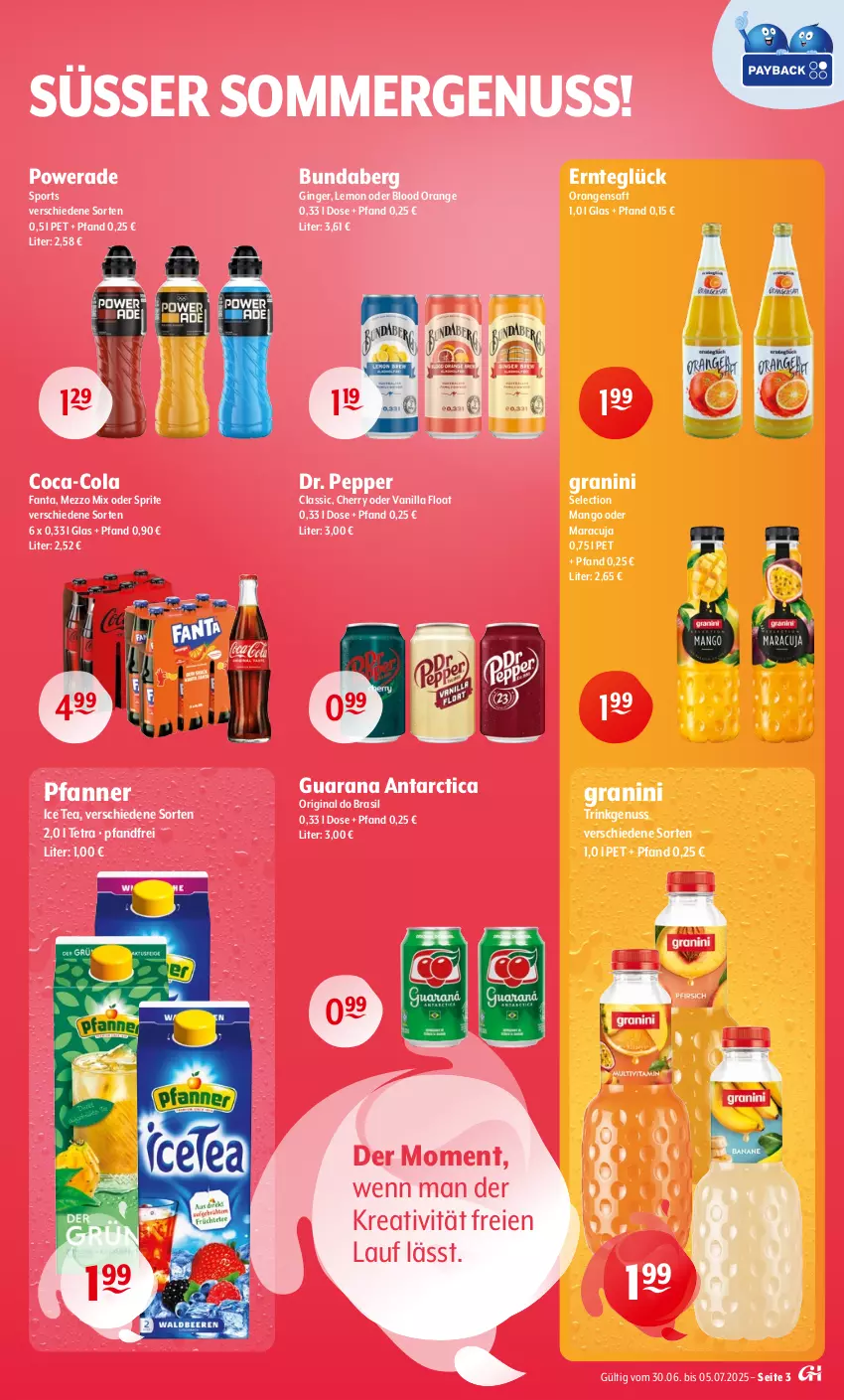 Aktueller Prospekt Getraenke Hoffmann - Prospekte - von 30.06 bis 05.07.2025 - strona 3 - produkty: Bundaberg, coca-cola, cola, fanta, gin, ginger, granini, ice tea, mango, maracuja, Mezzo Mix, nuss, oder sprite, orange, orangen, orangensaft, pfanne, Pfanner, Rana, saft, Sport, sprite, Ti