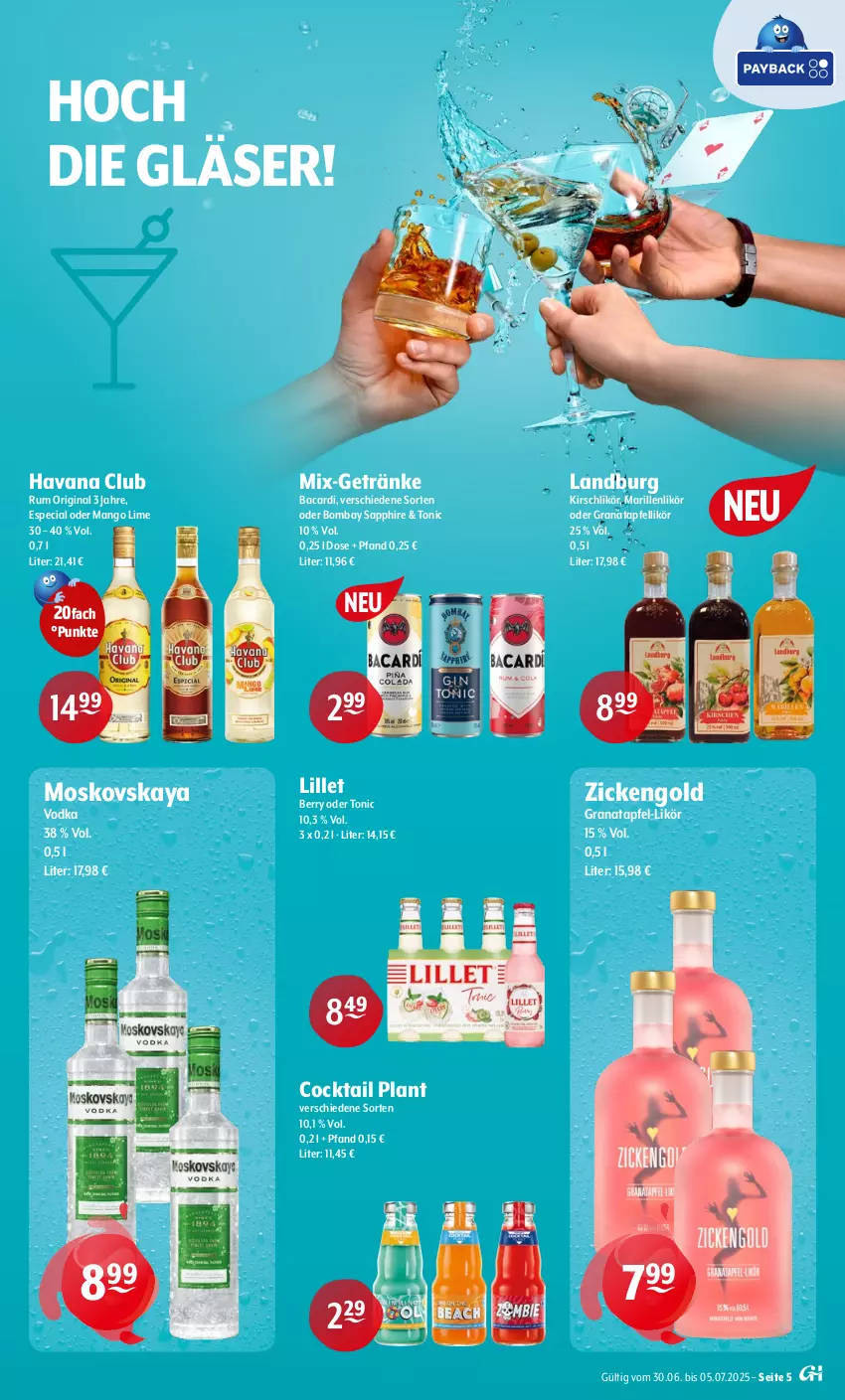 Aktueller Prospekt Getraenke Hoffmann - Prospekte - von 30.06 bis 05.07.2025 - strona 5 - produkty: apfel, bacardi, bombay sapphire, cocktail, getränk, getränke, gin, Gläser, grana, granatapfel, Havana Club, kirsch, Kirschlikör, likör, lillet, mango, moskovskaya, Rana, rum, sapphire, Ti, tonic, vodka