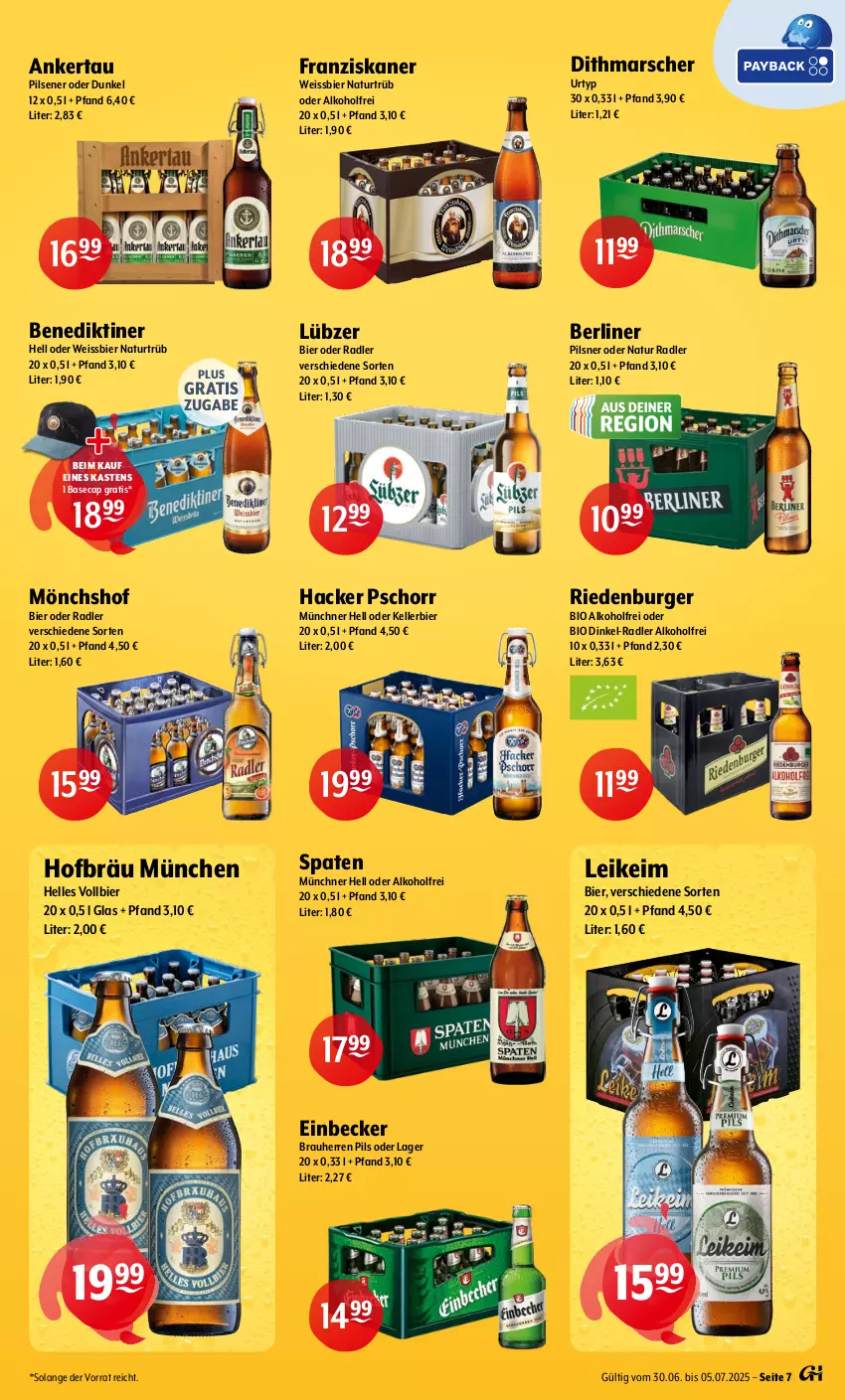 Aktueller Prospekt Getraenke Hoffmann - Prospekte - von 30.06 bis 05.07.2025 - strona 7 - produkty: alkohol, Benediktiner, berliner, bier, bio, burger, Cap, eis, elle, franziskaner, hacker pschorr, kellerbier, Lübzer, mars, mönchshof, natur, natur radler, oder radler, pils, pilsener, pilsner, radler, Spaten, Ti, urtyp, weissbier