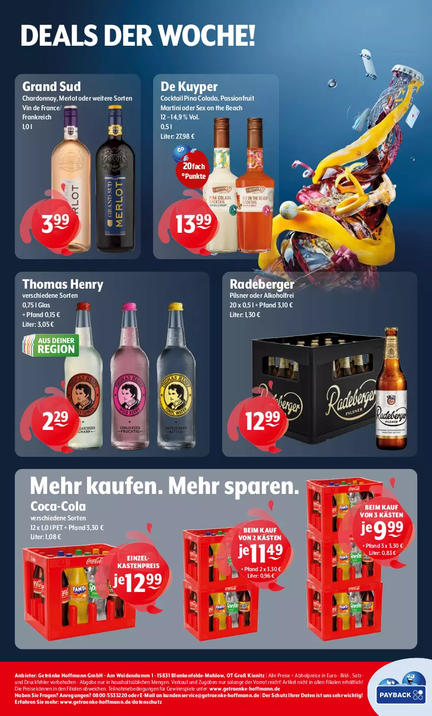Aktueller Prospekt Getraenke Hoffmann - Prospekte - von 30.06 bis 05.07.2025 - strona 8 - produkty: abholpreise, alkohol, Berger, chardonnay, coca-cola, cocktail, cola, eis, getränk, getränke, gewinnspiel, grand sud, martini, merl, merlot, pils, pilsner, radeberger, reis, Spiele, thomas henry, Ti, vin de france