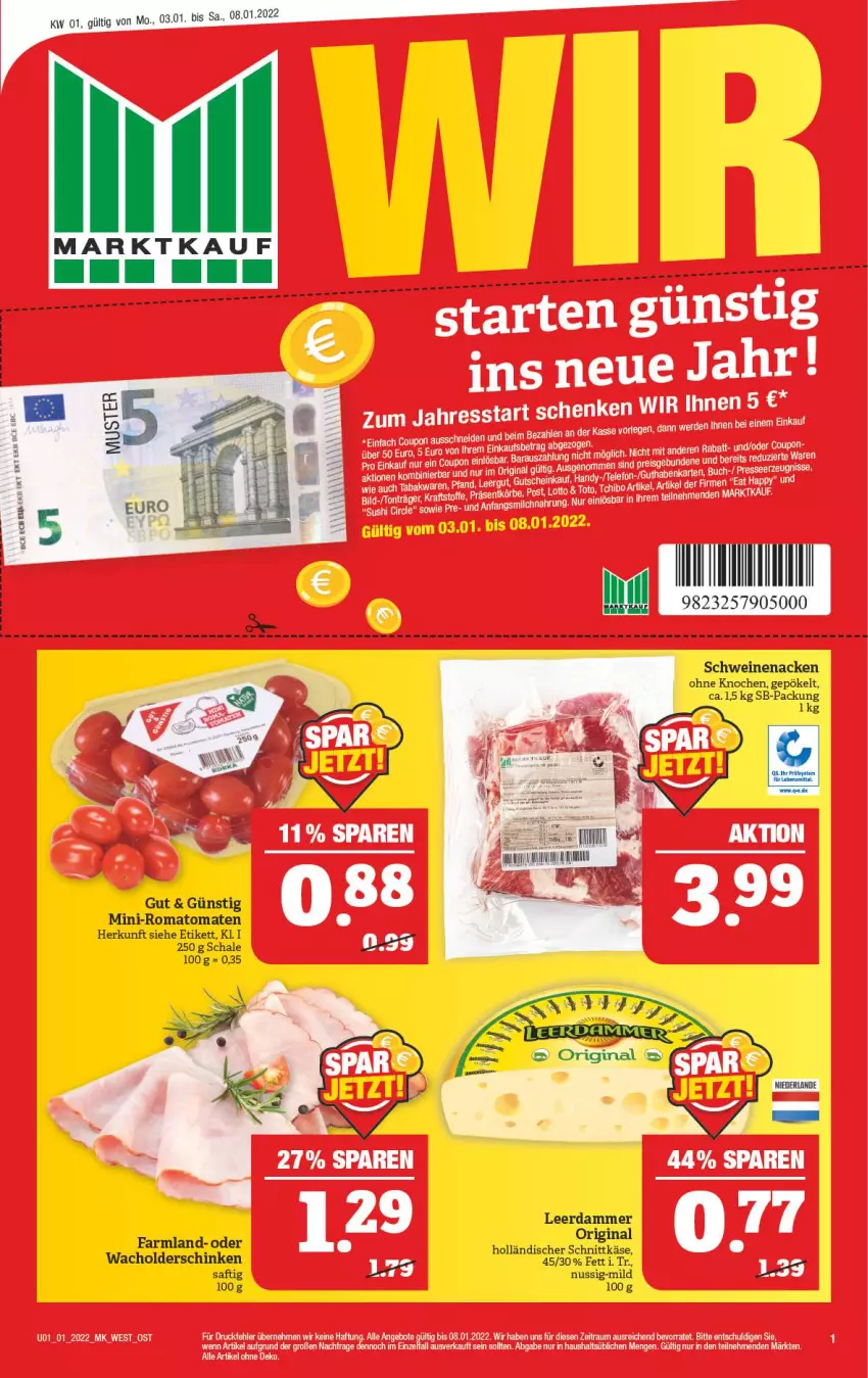 Aktueller Prospekt Marktkauf - Prospekt - von 02.01 bis 08.01.2022 - strona 1 - produkty: coupon, gin, holländischer schnittkäse, Käse, leerdammer, LG, milch, nuss, Romatomaten, Schal, Schale, schinken, schnittkäse, schwein, schweine, schweinenacken, Ti, Tiere, tomate, tomaten, uhr, wein, weine