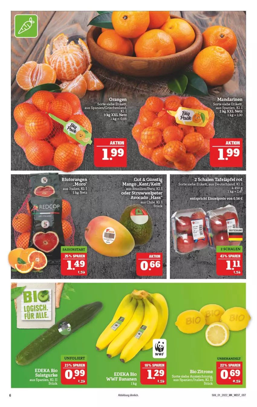 Aktueller Prospekt Marktkauf - Prospekt - von 02.01 bis 08.01.2022 - strona 10 - produkty: avocado, banane, bananen, bio, Blutorange, deka, edeka bio, eis, gurke, mandarine, mandarinen, mango, orange, orangen, reis, salat, Salatgurke, Schal, Schale, tafeläpfel, Ti, zitrone