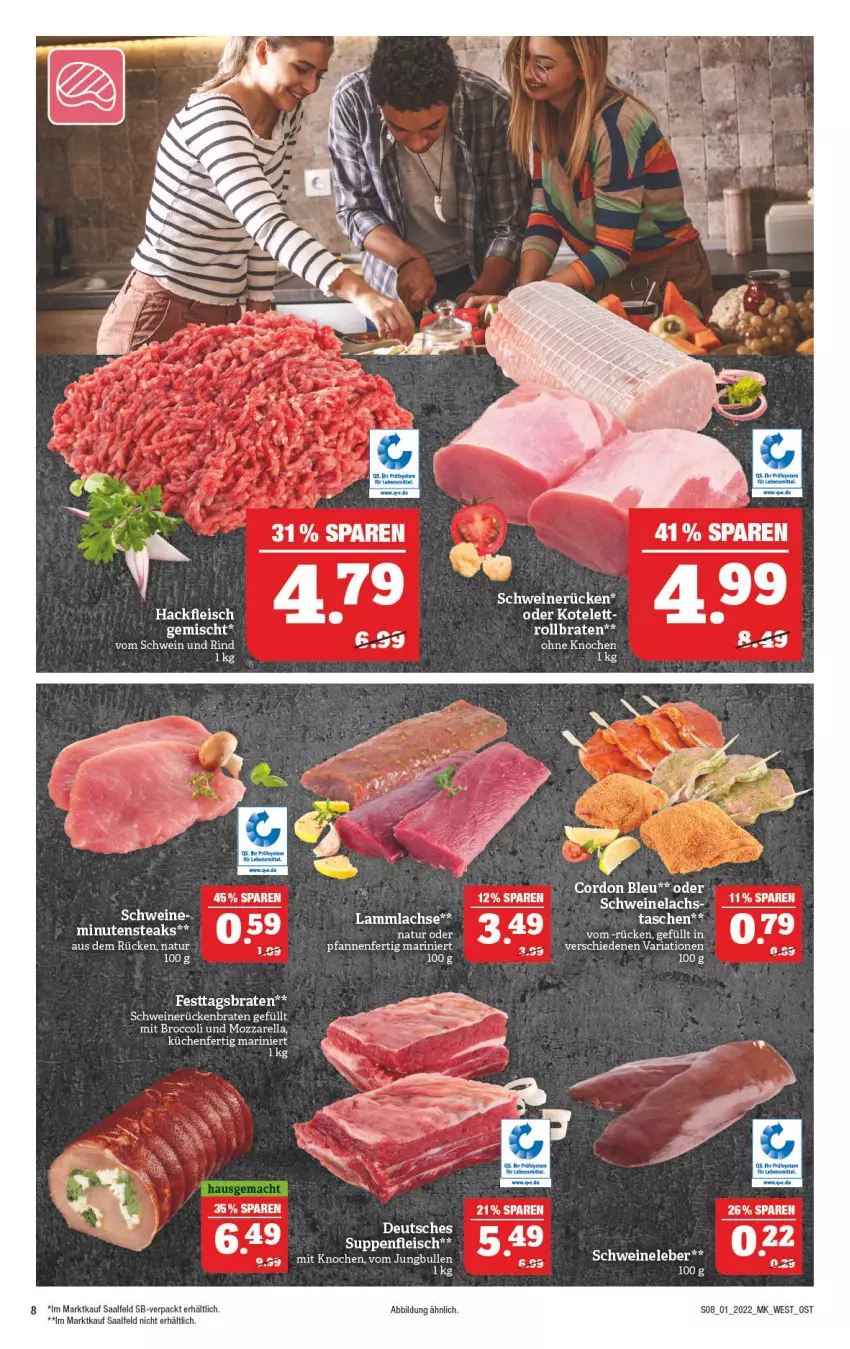 Aktueller Prospekt Marktkauf - Prospekt - von 02.01 bis 08.01.2022 - strona 12 - produkty: braten, broccoli, cordon bleu, eis, fleisch, hackfleisch, HP, jungbullen, kotelett, lachs, lamm, lammlachse, minutensteaks, mozzarella, natur, rel, Ria, rind, rollbraten, Rückenbraten, schwein, schwein und rind, schweine, Schweineleber, schweinerücken, steak, steaks, Tasche, taschen, Ti, vom schwein und rind, wein, weine