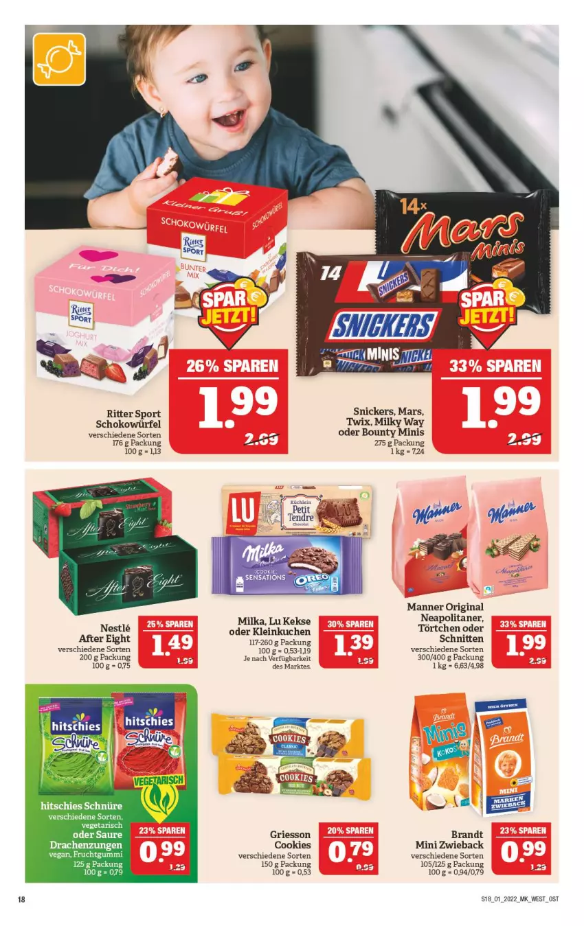 Aktueller Prospekt Marktkauf - Prospekt - von 02.01 bis 08.01.2022 - strona 22 - produkty: bounty, brandt, cola, cookie, cookies, frucht, fruchtgummi, gin, griesson, keks, kekse, leine, Manner, mars, milka, ritter, ritter sport, schnitten, schoko, schokowürfel, snickers, Sport, Ti, Törtchen, WICK, würfel