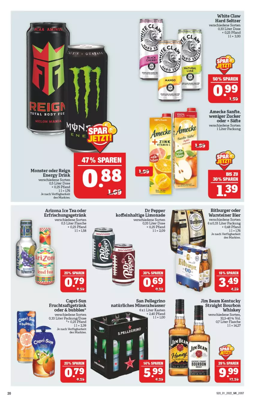 Aktueller Prospekt Marktkauf - Prospekt - von 02.01 bis 08.01.2022 - strona 24 - produkty: Alwa, amecke, bier, bitburger, bourbon, burger, Cap, capri-sun, drink, elle, energy drink, erfrischungsgetränk, flasche, frucht, getränk, ice tea, jim beam, limo, limonade, mam, mineralwasser, monster, natur, natura, natürliches mineralwasser, säfte, san pellegrino, steiner, Ti, tuc, vita, Vitamin C, warsteiner, wasser, whiskey, zucker