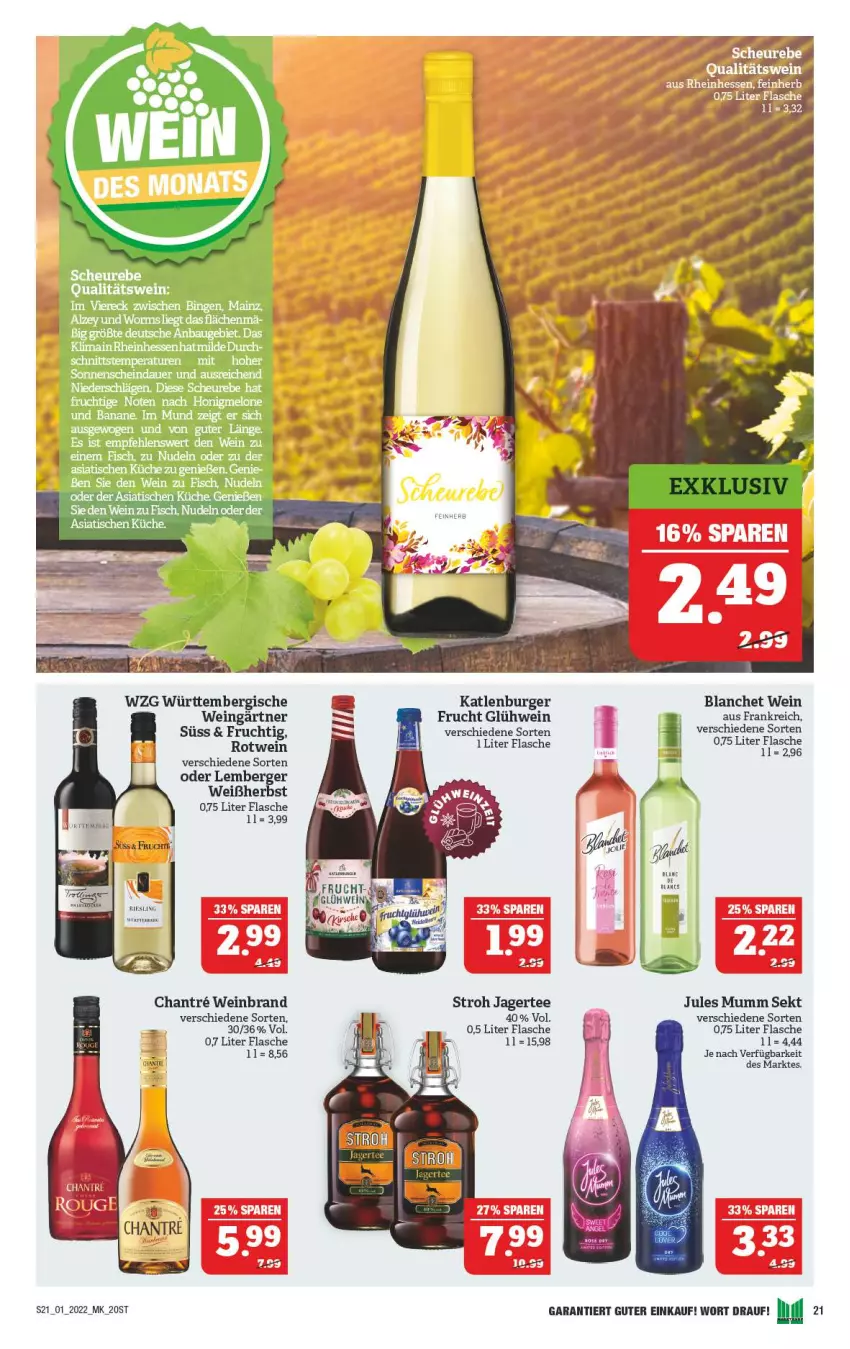 Aktueller Prospekt Marktkauf - Prospekt - von 02.01 bis 08.01.2022 - strona 25 - produkty: banane, Berger, burger, fisch, flasche, frucht, Glühwein, Heu, honig, Jagertee, jules mumm, katlenburger, küche, mumm, nudel, nudeln, qualitätswein, riesling, rotwein, sekt, tee, Ti, tisch, wein, weinbrand