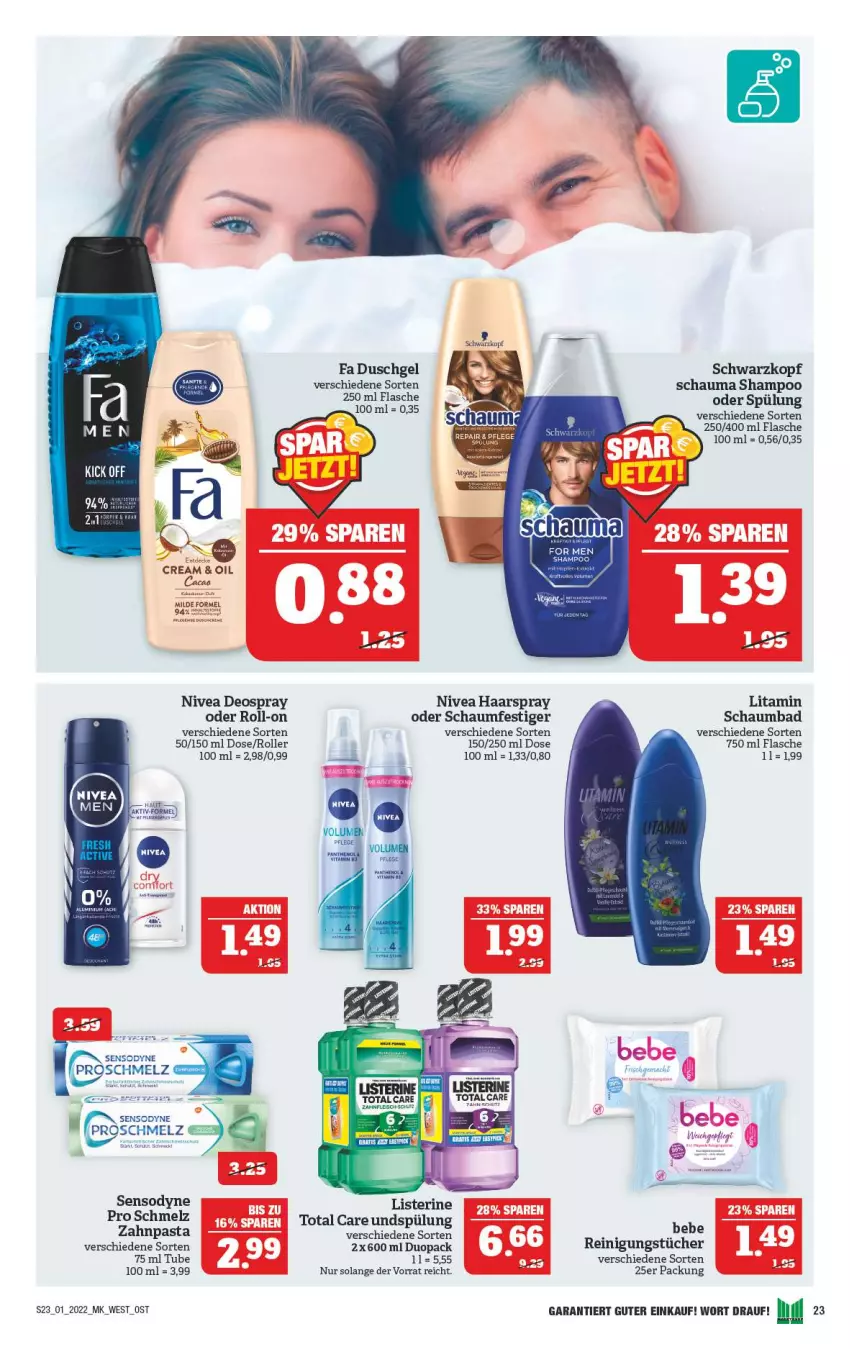 Aktueller Prospekt Marktkauf - Prospekt - von 02.01 bis 08.01.2022 - strona 27 - produkty: Bad, Bebe, deo, deospray, duschgel, eis, fa duschgel, flasche, fleisch, haarspray, listerine, nivea, oder schaumfestiger, pasta, Reinigung, reinigungstücher, roll-on, Roller, schauma, schauma shampoo, schaumbad, schaumfestiger, schwarzkop, schwarzkopf, sensodyne, shampoo, shampoo oder spülung, spülung, Ti, total care, tücher, zahnpasta