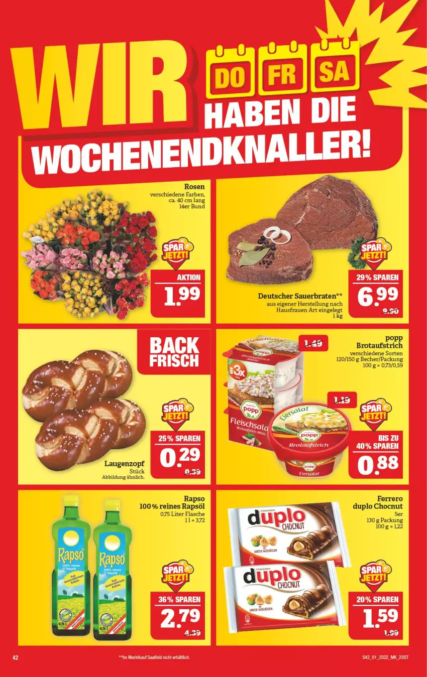 Aktueller Prospekt Marktkauf - Prospekt - von 02.01 bis 08.01.2022 - strona 46 - produkty: auer, aufstrich, Becher, braten, brot, brotaufstrich, duplo, flasche, Popp, rapso, rapsöl, reines rapsöl, rosen