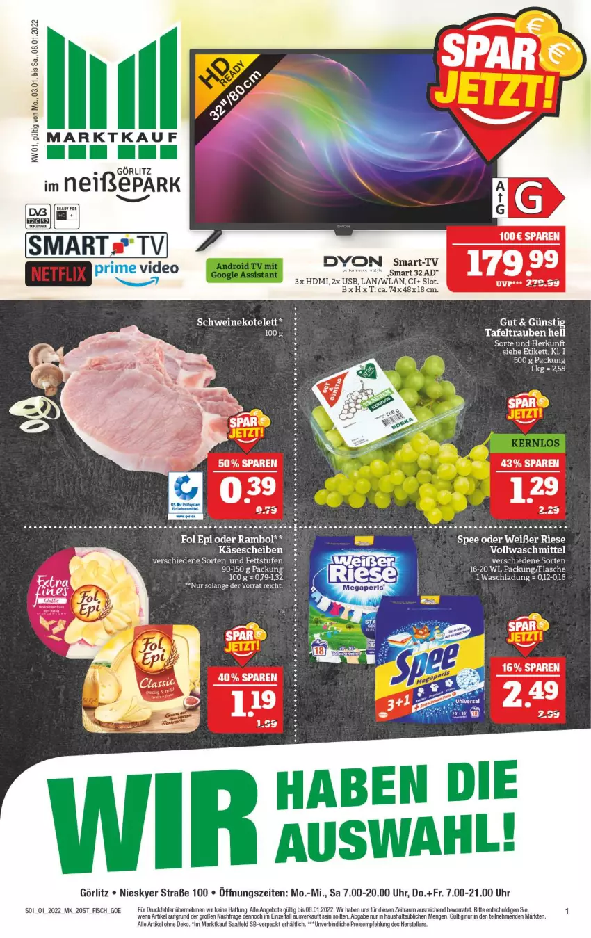 Aktueller Prospekt Marktkauf - Prospekt - von 02.01 bis 08.01.2022 - strona 5 - produkty: angebot, angebote, Dany, dyon, eis, elle, ente, fisch, flasche, fol epi, HDMI, Käse, käsescheiben, kotelett, reis, schwein, schweine, schweinekotelett, spee, tafeltrauben, teller, Ti, trauben, uhr, usb, vollwaschmittel, waschmittel, wein, weine, Yo