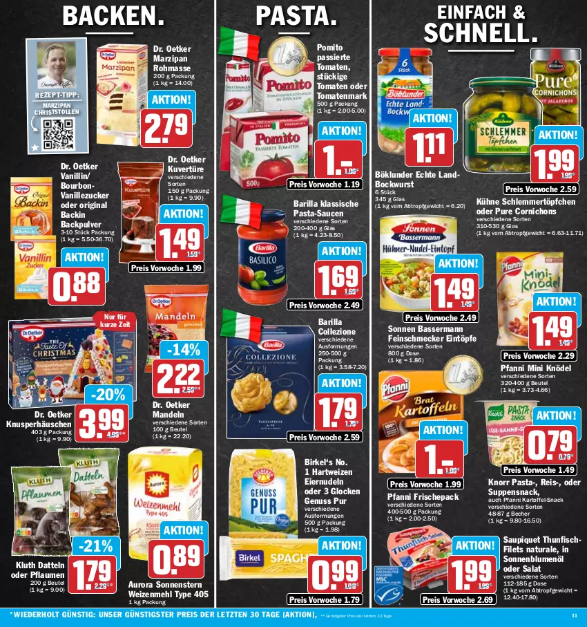 Aktueller Prospekt Hit - Prospekte - von 14.11 bis 19.11.2022 - strona 11 - produkty: barilla, Becher, beutel, birkel, blume, blumen, blumenöl, bockwurst, böklunder, bourbon, bourbonvanille, Datteln, Dr. Oetker, eier, eiernudeln, eintöpfe, eis, feinschmecker, filet, filets, fisch, gin, hartweizen, kartoffel, Knödel, knorr, knorr pasta, Kühne, mandel, mandeln, marzipan, mehl, natur, natura, nudel, nudeln, nuss, pasta, pasta-sauce, pfanni, pflaume, pflaumen, pomito, reis, salat, sauce, saucen, saupiquet, schlemmertöpfchen, snack, sonnenblume, sonnenblumen, sonnenblumenöl, Stollen, suppe, suppen, thunfisch, Ti, tomate, tomaten, tomatenmark, Töpfchen, type 405, vanille, weizenmehl, wurst, ZTE, zucker