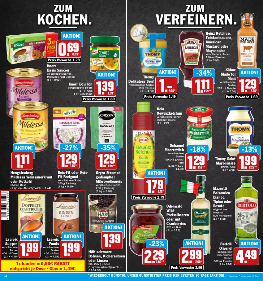 Aktueller Prospekt Hit - Prospekte - von 14.11 bis 19.11.2022 - strona 12 - produkty: auer, balsam, balsamico, balsamico bianco, beere, beeren, bertolli, beutel, bohne, bohnen, cranberries, delikatess senf, eis, elle, erbsen, feinkost, flasche, gewürz, gewürzketchup, gin, heinz, Hela, hengstenberg, ketchup, kichererbsen, knorr, Kraut, Kühne, LG, linsen, mayonnaise, meerrettich, mikrowelle, Mode, odenwald, olive, oliven, olivenöl, oryza, reis, reis-fit, Rettich, rosato, rotkohl, salat, sauce, saucen, Sauerkraut, schamel, senf, suppe, suppen, thomy, Ti, Tipi, wein, Weinsauerkraut, Wild, Yo, ZTE