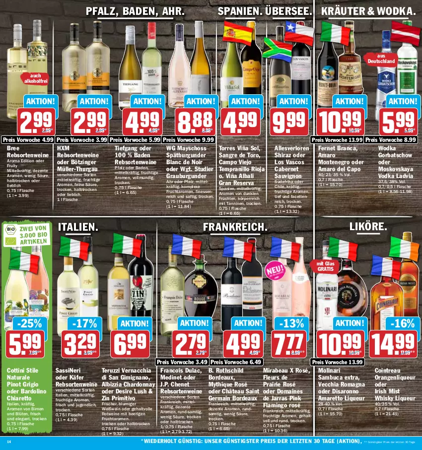 Aktueller Prospekt Hit - Prospekte - von 14.11 bis 19.11.2022 - strona 14 - produkty: ACC, alkohol, Amaretto, amaro, Amaro del Capo, Bad, Birnen, Blüte, bree, burgunder, cabernet, cabernet sauvignon, campo viejo, Cap, chardonnay, chia, eis, ente, Fernet, fernet branca, finesse, flasche, frucht, früchte, früchten, Germ, Gorbatschow, grauburgunder, J.P. Chenet, käfer, kräuter, likör, liqueur, medinet, Molinari, monte, moskovskaya, Müller, Müller-Thurgau, natur, natura, orange, orangen, Pinot, pinot grigio, primitivo, rebsortenweine, reis, rioja, rotwein, saft, sambuca, saro, sauvignon, spätburgunder, tempranillo, Ti, Vecchia Romagna, vodka, wein, weine, Weißwein, whisky, wodka, ZTE