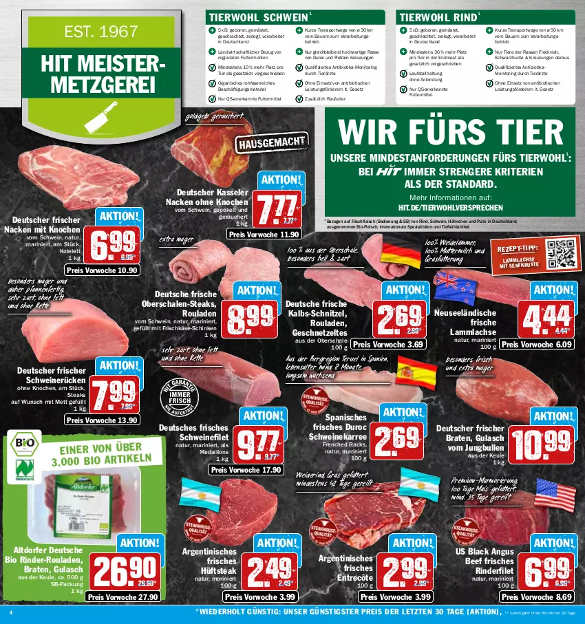 Aktueller Prospekt Hit - Prospekte - von 14.11 bis 19.11.2022 - strona 4 - produkty: auer, Bau, Bauer, beef, bio, braten, eis, entrecôte, filet, fleisch, frischkäse, Geflügel, geschnetzeltes, gulasch, hüftsteak, jungbullen, Käse, kasseler, Kette, kotelett, lachs, lack, lamm, lammlachse, mais, medaillons, Meister, Mett, milch, monitor, natur, pfanne, pfannen, pute, reis, Ria, rind, rinder, rinder-rouladen, rinderfilet, ring, rouladen, Schal, Schale, schinken, schnitzel, schwein, schweine, schweinefilet, schweinerücken, senf, Spezi, Sport, steak, steaks, Ti, Tiere, tisch, wein, weine, Zelt, ZTE