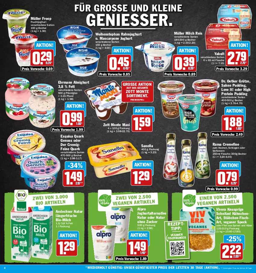 Aktueller Prospekt Hit - Prospekte - von 14.11 bis 19.11.2022 - strona 8 - produkty: almighur, almighurt, alpro, andechser natur, Becher, bio, burger, creme, Dr. Oetker, ehrmann, ehrmann almighurt, eis, exquisa, filet, fisch, flasche, froop, frucht, fruchtjoghurt, grütze, joghur, joghurt, Käse, leine, mascarpone, milch, monte, Müller, müller froop, natur, nuss, pudding, quark, quark genus, quark genuss, rahmjoghurt, rama, rama cremefine, reis, sahne, schnitzel, Speck, spinat, Ti, weihenstephan, zott, Zott Monte, ZTE, zucker