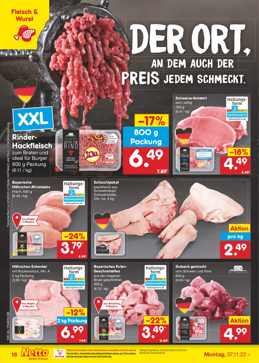 Aktueller Prospekt Netto Marken-Discount - Filial-Angebote - von 07.11 bis 12.11.2022 - strona 16 - produkty: bestpreis, braten, burger, eis, fleisch, geschnetzeltes, gulasch, hackfleisch, hähnchen-schenkel, henkel, kotelett, ndk, pute, Putengeschnetzeltes, reis, rind, rinder, rinder-hackfleisch, rinderhackfleisch, saft, schenkel, schnitten, schwein, schwein und rind, schweine, Schweinekopf, steak, steaks, Ti, vom schwein und rind, wein, weine, wurst, wurst in selbstbedienung, Zelt