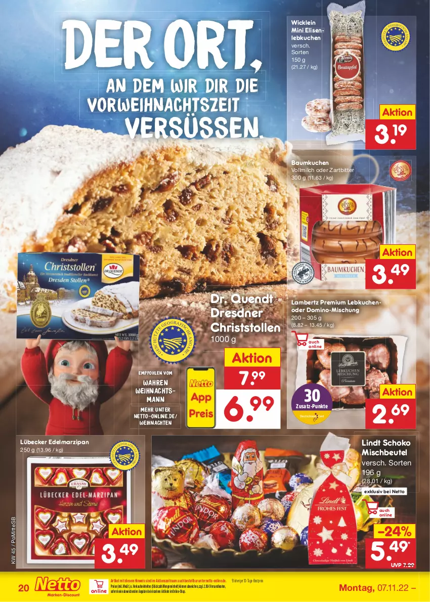 Aktueller Prospekt Netto Marken-Discount - Filial-Angebote - von 07.11 bis 12.11.2022 - strona 20 - produkty: Amber, Bau, bestpreis, beutel, Edelmarzipan, eis, kuchen, lambertz, Lebkuchen, lindt, Lübecker, marzipan, milch, ndk, reis, rwe, schoko, Stollen, Ti, vollmilch, weihnachten, WICK, ZTE