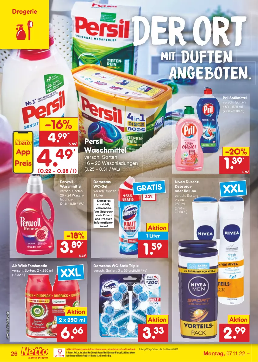 Aktueller Prospekt Netto Marken-Discount - Filial-Angebote - von 07.11 bis 12.11.2022 - strona 26 - produkty: Air Wick, angebot, angebote, bestpreis, deo, deospray, domestos, dusche, eis, ndk, nivea, persil, persil waschmittel, perwoll, pril, Rauch, reis, roll-on, rwe, spülmittel, Ti, waschmittel, wc-gel, WICK