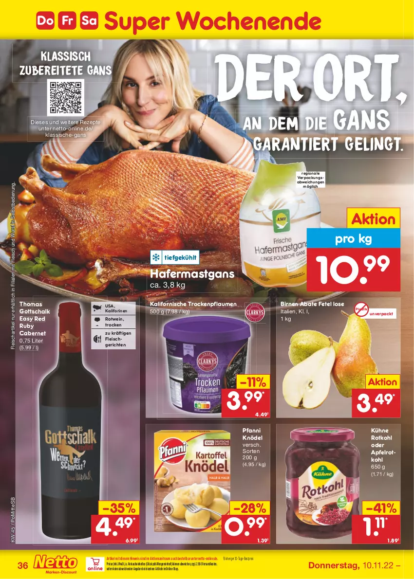 Aktueller Prospekt Netto Marken-Discount - Filial-Angebote - von 07.11 bis 12.11.2022 - strona 36 - produkty: apfel, asti, bestpreis, Birnen, cabernet, eis, fleisch, hafer, Knödel, Kühne, ndk, pfanni, pflaume, pflaumen, reis, rezept, rezepte, rotkohl, rotwein, Schal, Ti, wein, wurst, wurst in selbstbedienung