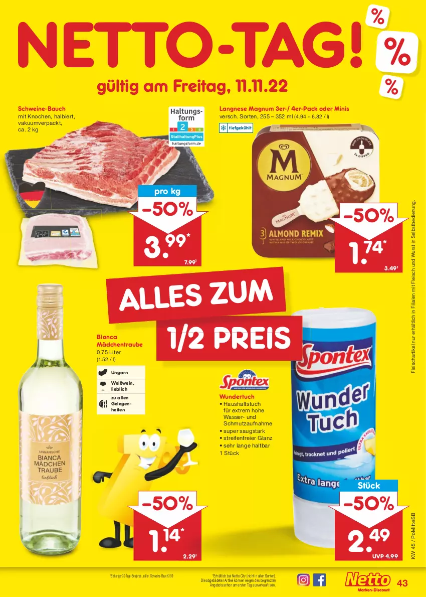 Aktueller Prospekt Netto Marken-Discount - Filial-Angebote - von 07.11 bis 12.11.2022 - strona 43 - produkty: angebot, Bau, bestpreis, bier, eier, eis, fleisch, langnese, magnum, reifen, reis, schwein, schweine, schweine-bauch, Ti, tuc, wasser, wein, weine, Weißwein, wurst, wurst in selbstbedienung, ZTE