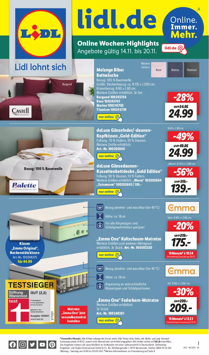 Aktueller Prospekt Lidl - Wochen-Highlights im Onlineshop - von 14.11 bis 20.11.2022 - strona 1 - produkty: angebot, angebote, Bau, baumwolle, bett, bettwäsche, decke, eis, Elan, elle, federkern, gin, kaltschaum-matratze, kissen, Kissenbezug, kopfkissen, matratze, nackenstützkissen, ndk, reis, rel, Schal, Schale, telefon, Ti, uhr, versandkostenfrei, wolle