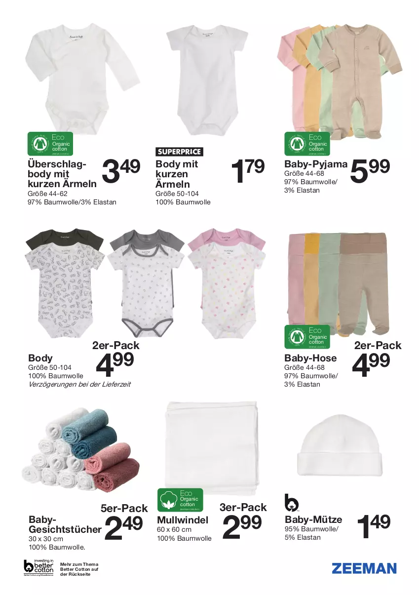 Aktueller Prospekt Zeeman - Prospekte - von 12.03 bis 25.03.2022 - strona 7 - produkty: Baby-Pyjama, Bau, baumwolle, bett, body, hose, Mullwindel, Mütze, Pyjama, Ti, tücher, wolle