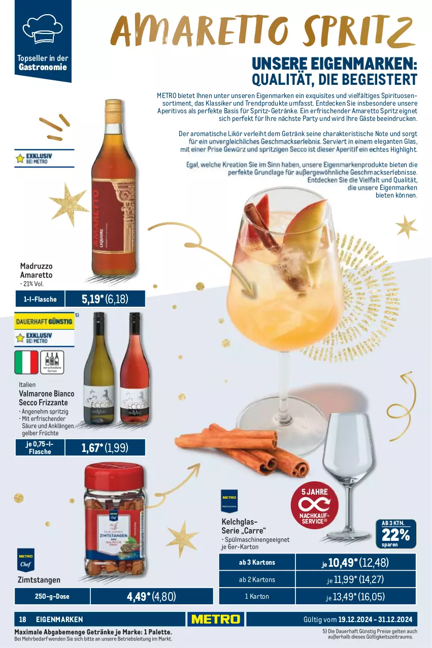 Aktueller Prospekt Metro - GastroJournal - von 19.12 bis 31.12.2024 - strona 18 - produkty: Amaretto, aperitif, auer, decke, ecco, eis, elle, flasche, frizzante, früchte, getränk, getränke, gewürz, likör, mac, Metro, Palette, reis, spirituosen, spülmaschinen, Ti, tisch