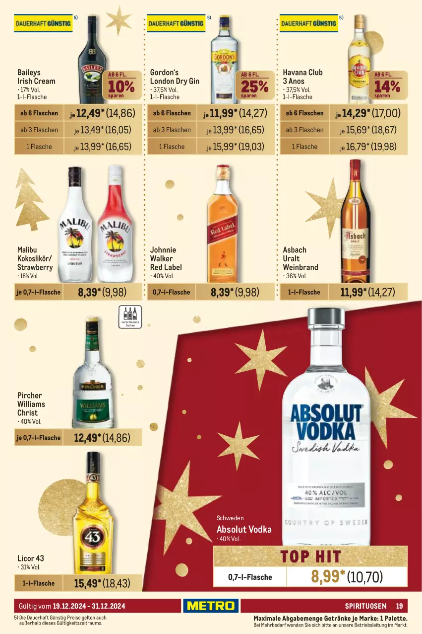 Aktueller Prospekt Metro - GastroJournal - von 19.12 bis 31.12.2024 - strona 19 - produkty: Absolut Vodka, asbach uralt, auer, baileys, dry gin, eis, flasche, getränk, getränke, gin, gordon, Havana Club, irish cream, johnnie walker, kokos, licor, licor 43, likör, london dry, london dry gin, Malibu, Palette, pircher, reis, spirituosen, Ti, vodka, wein, weinbrand