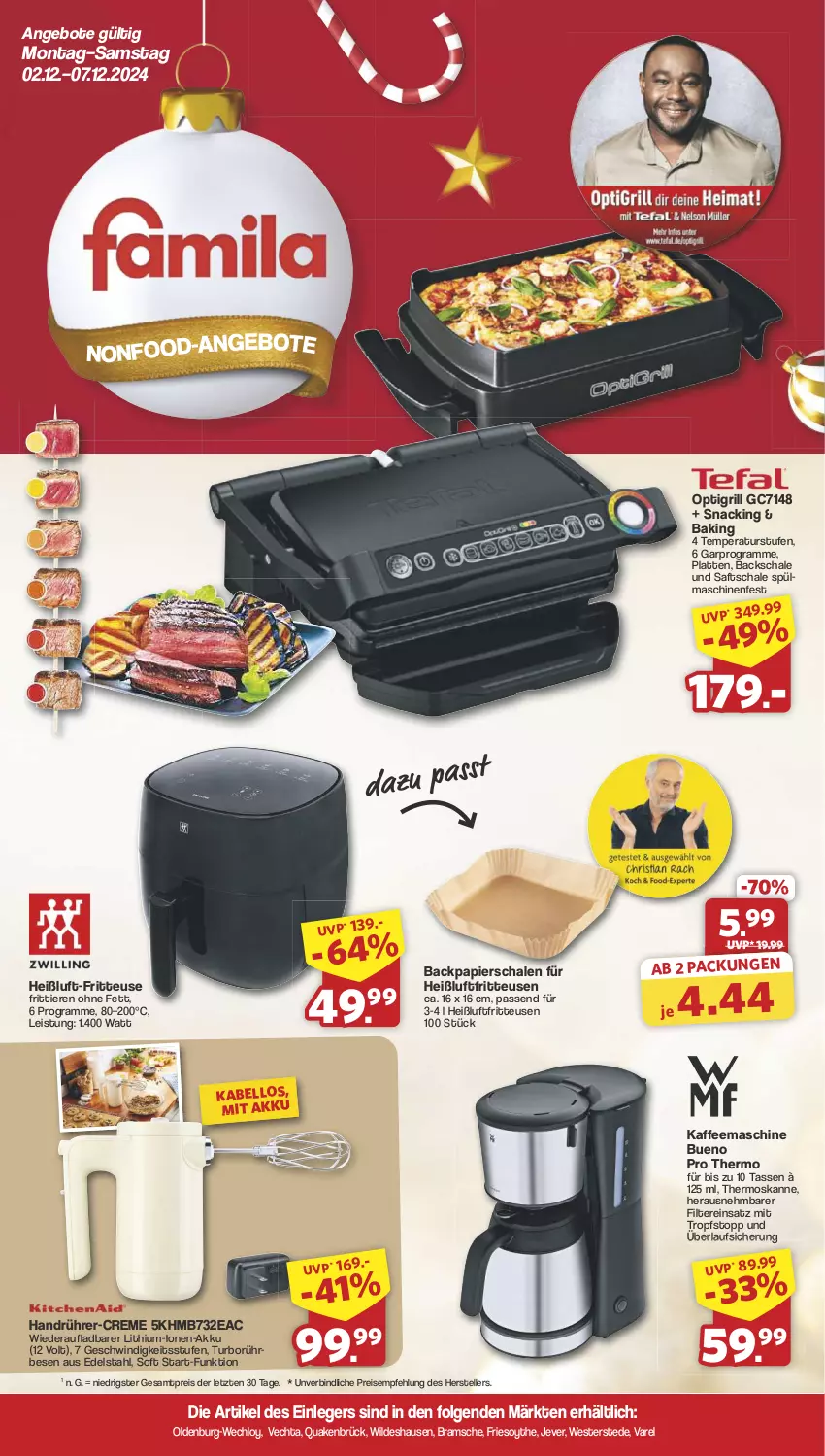 Aktueller Prospekt Famila - Prospekte - von 02.12 bis 07.12.2024 - strona 1 - produkty: akku, angebot, angebote, creme, edelstahl, eis, elle, fritteuse, grill, Heißluftfritteuse, jever, kaffee, kaffeemaschine, latte, LG, papier, reis, rel, saft, Schal, Schale, snack, spülmaschinen, tasse, teller, Ti, Tiere, Weste, Wild, ZTE