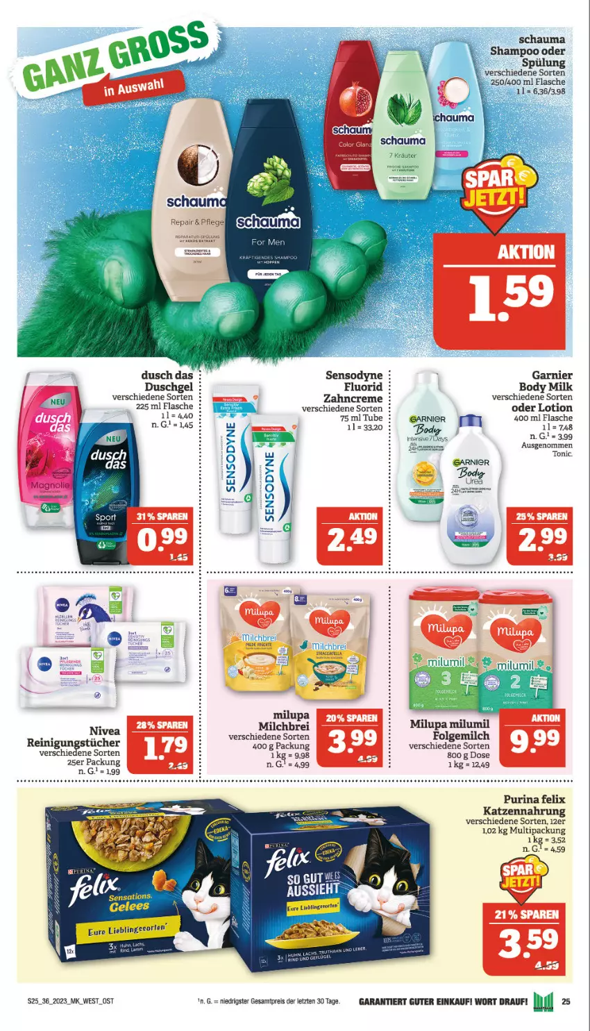 Aktueller Prospekt Marktkauf - Prospekt - von 03.09 bis 09.09.2023 - strona 27 - produkty: auer, body, body milk, Brei, creme, duschgel, eis, felix, flasche, folgemilch, garnier, gelee, katzennahrung, kokos, LG, Lotion, milch, milupa, purina, Rana, reis, schauma, schauma shampoo, sensations, sensodyne, shampoo, shampoo oder spülung, spülung, Ti, tonic, tücher, zahncreme, ZTE