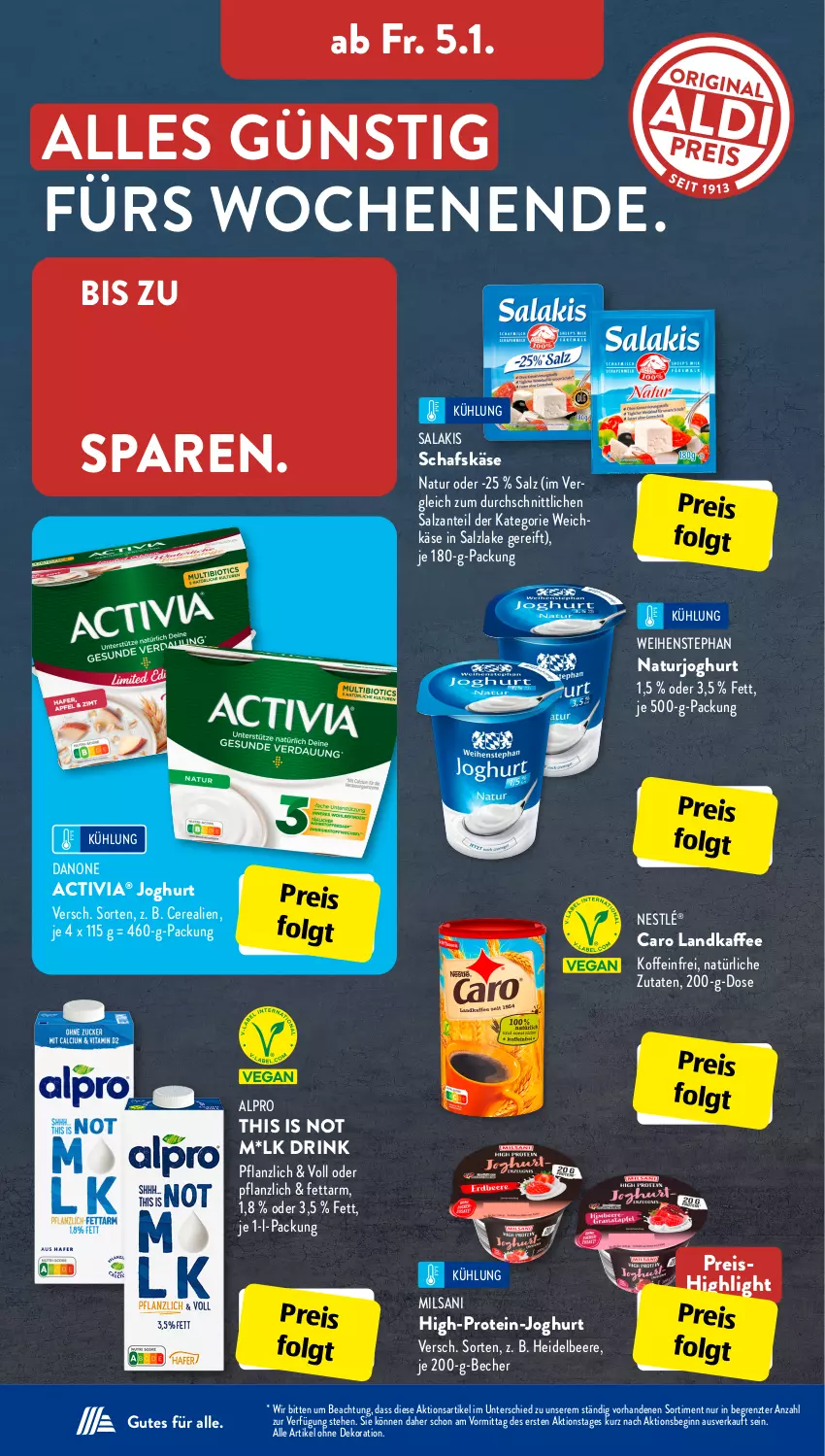 Aktueller Prospekt AldiSud - IN ZWEI WOCHEN - von 02.01 bis 06.01.2023 - strona 19 - produkty: activia, alle artikel ohne dekoration, alpro, Becher, beere, cerealien, danone, dekoration, drink, eis, gin, heidelbeere, joghur, joghurt, kaffee, Käse, LG, natur, naturjoghurt, ndk, nestlé, reis, salakis, salz, schafskäse, Ti, weichkäse, weihenstephan, ZTE