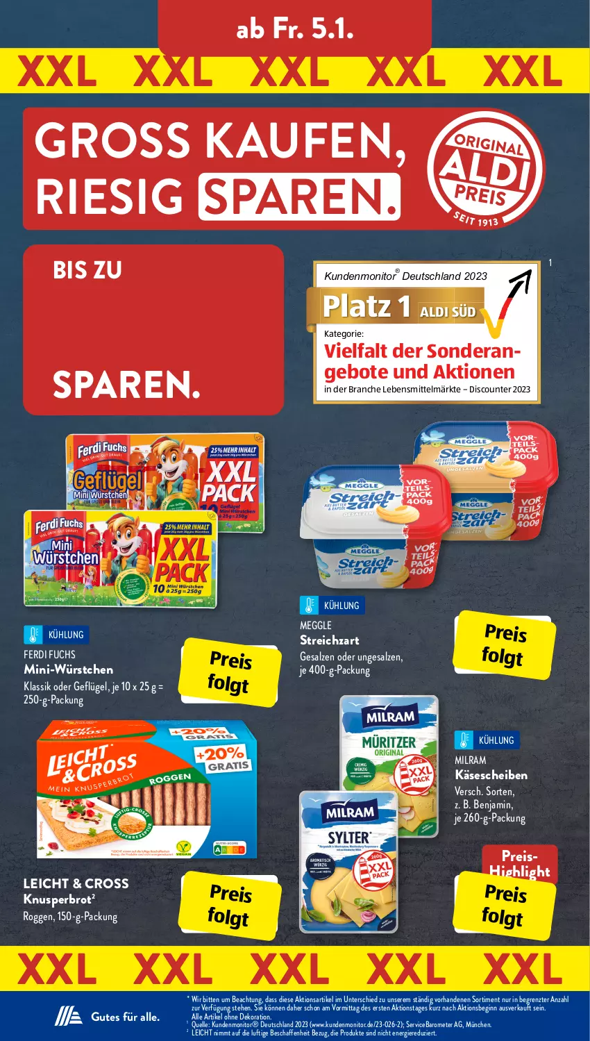 Aktueller Prospekt AldiSud - IN ZWEI WOCHEN - von 02.01 bis 06.01.2023 - strona 21 - produkty: aldi, alle artikel ohne dekoration, angebot, angebote, brot, dekoration, discount, eis, elle, ferdi fuchs, Geflügel, gin, Käse, käsescheiben, lebensmittel, LG, meggle, milram, Mini-Würstchen, monitor, reis, salz, Streichzart, Ti, würstchen, ZTE