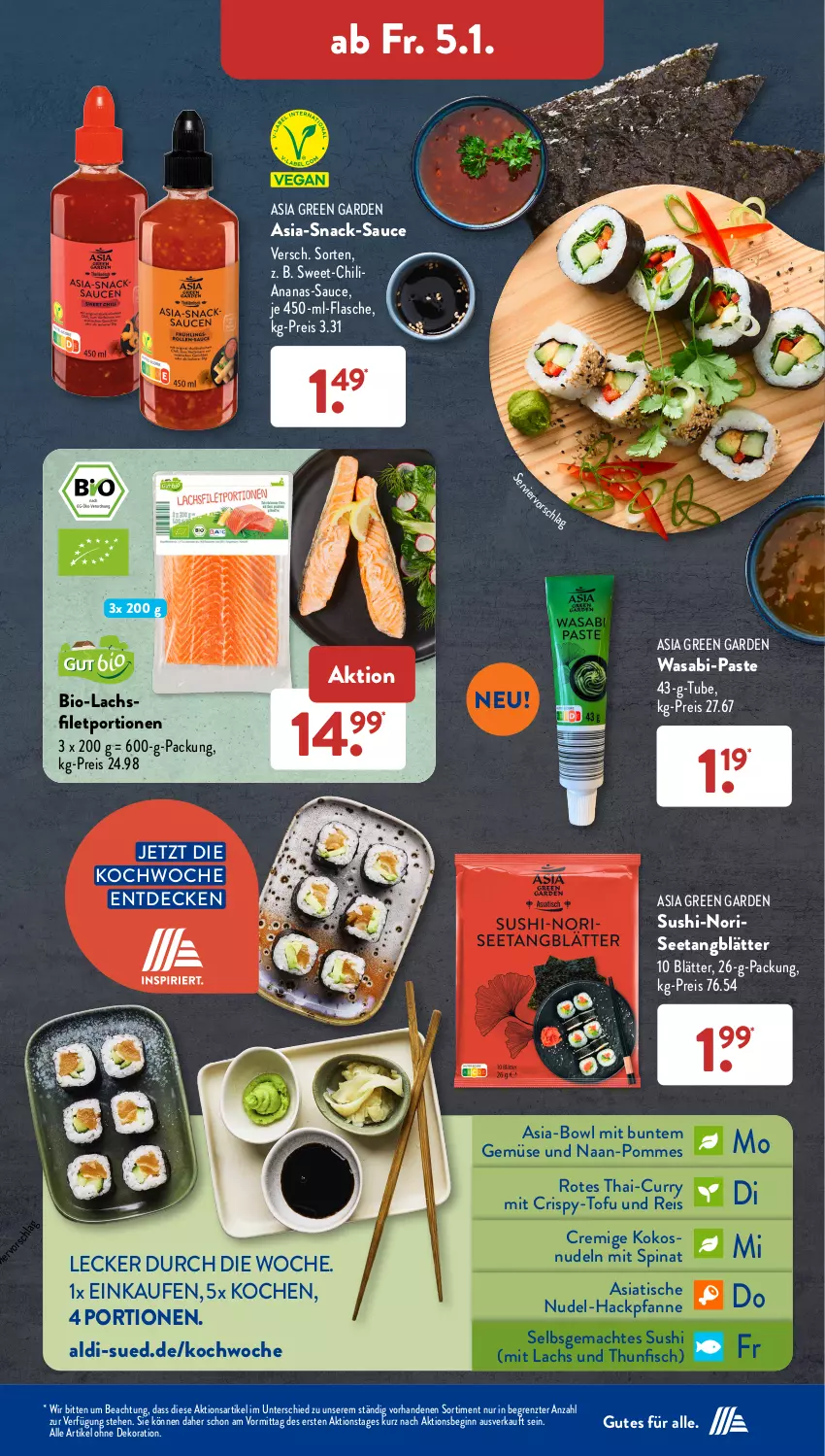 Aktueller Prospekt AldiSud - IN ZWEI WOCHEN - von 02.01 bis 06.01.2023 - strona 24 - produkty: aldi, alle artikel ohne dekoration, ananas, Asia Green Garden, bio, chili, curry, decke, dekoration, eis, filet, fisch, flasche, gin, kokos, lachs, lachsfilet, mac, nudel, nudeln, pfanne, pommes, reis, sauce, snack, spinat, Sushi, thunfisch, Ti, tisch, Tofu, wasa, ZTE