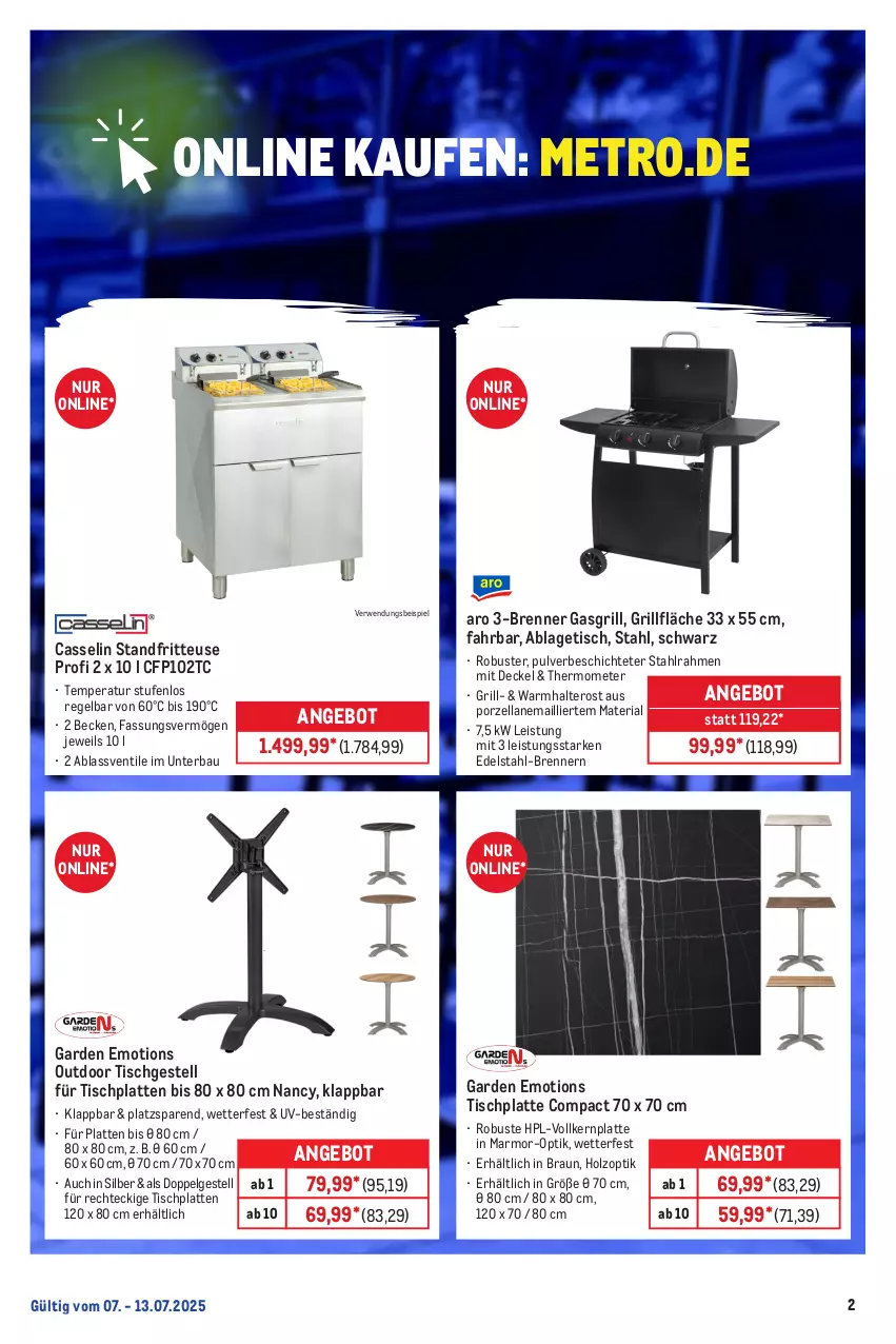 Aktueller Prospekt Metro - Online: Wochen-Angebote - von 07.07 bis 13.07.2025 - strona 2 - produkty: angebot, Bau, braun, decke, Deckel, edelstahl, eis, fritteuse, gasgrill, grill, grillfläche, Holz, HP, latte, LG, Metro, Ria, rwe, thermometer, Ti, tisch, tischplatte, Tischplatten
