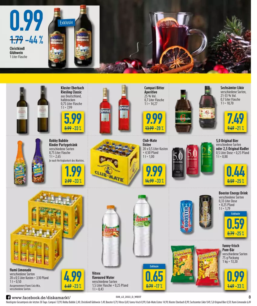 Aktueller Prospekt Diska - Prospekte - von 24.10 bis 29.10.2022 - strona 8 - produkty: bier, campari, cola, drink, eis, eistee, energy drink, flasche, funny-frisch, getränk, gin, Glühwein, Kinder, Kloster Eberbach, likör, limo, limonade, pom-bär, radler, reis, riesling, robby, tee, Ti, vitrex, wein, ZTE