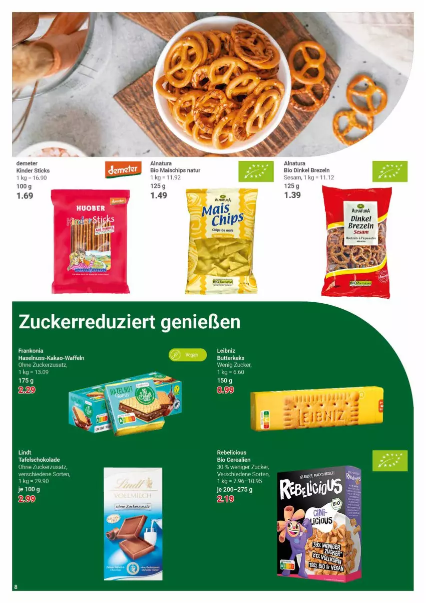 Aktueller Prospekt Globus - Prospekte - von 02.01 bis 14.01.2023 - strona 8 - produkty: bio, brezel, Brezeln, butter, butterkeks, chips, haselnuss, kakao, keks, Kinder, leibniz, mais, natur, natura, nuss, schoko, schokolade, sesam, tafelschokolade, Ti, waffeln, zucker