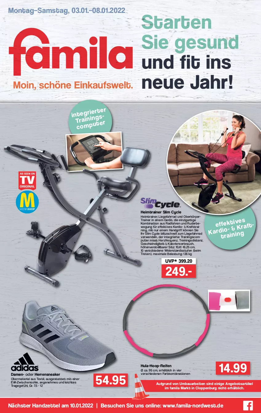 Aktueller Prospekt Famila - Prospekte - von 03.01 bis 08.01.2022 - strona 1 - produkty: angebot, Bau, computer, Fahrrad, kraft, Liege, pute, Rauch, reifen, Ria, sneaker, Ti